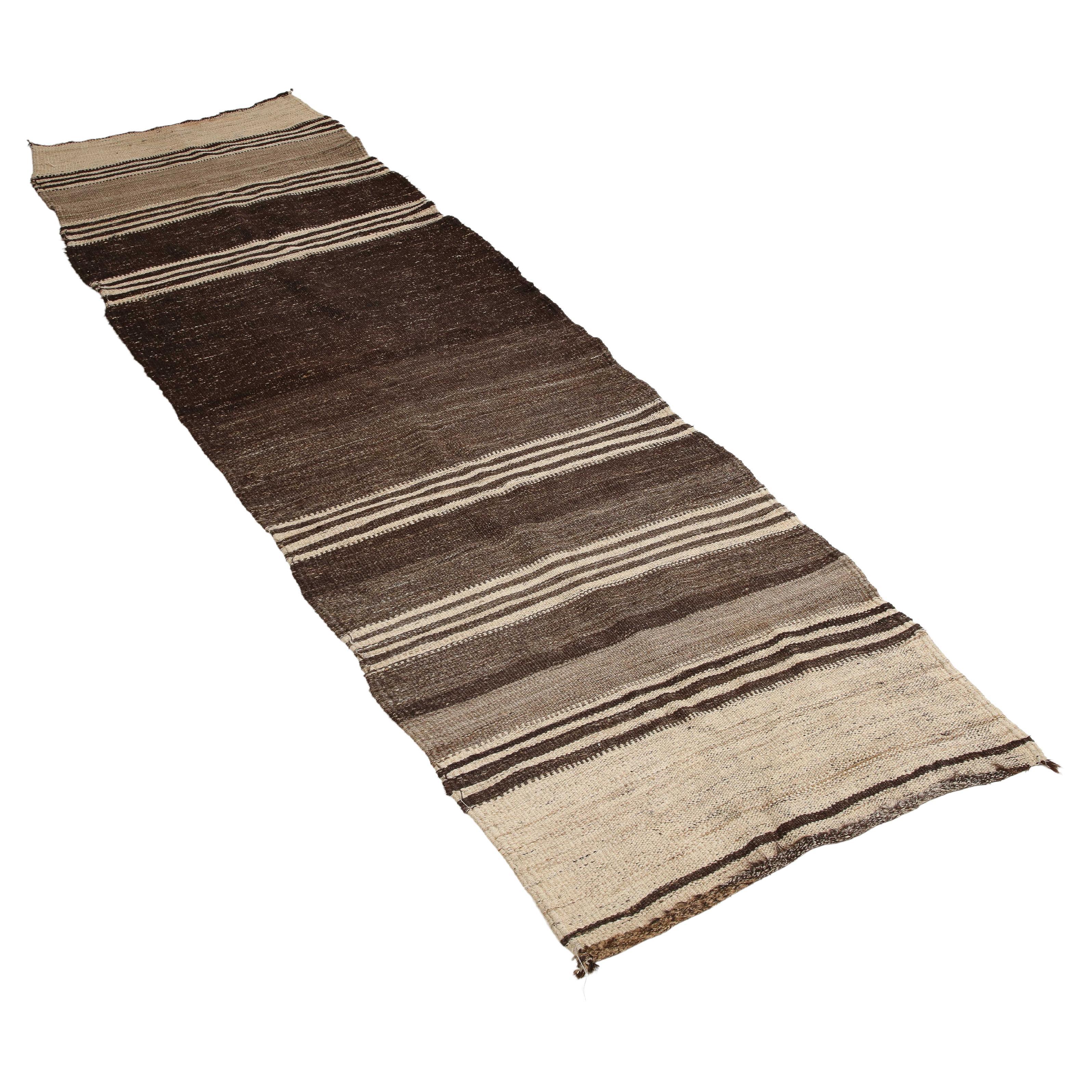 Peruvian Hand-Knotted Brown Striped Wool Runner For Sale