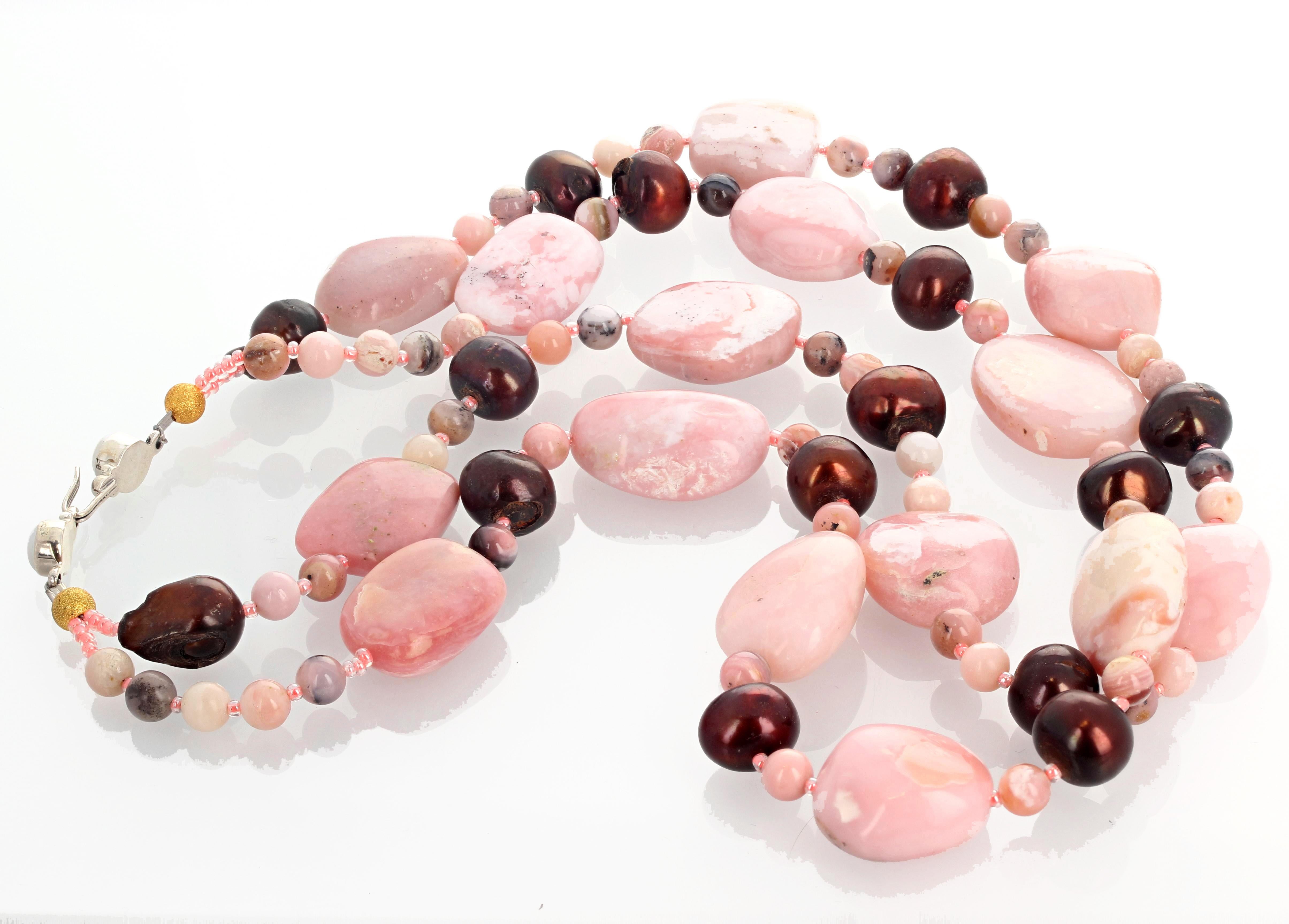 Mixed Cut AJD  Chic Dramatic Peruvian NATURAL Pink Opal & Cultured Pearl Necklace For Sale