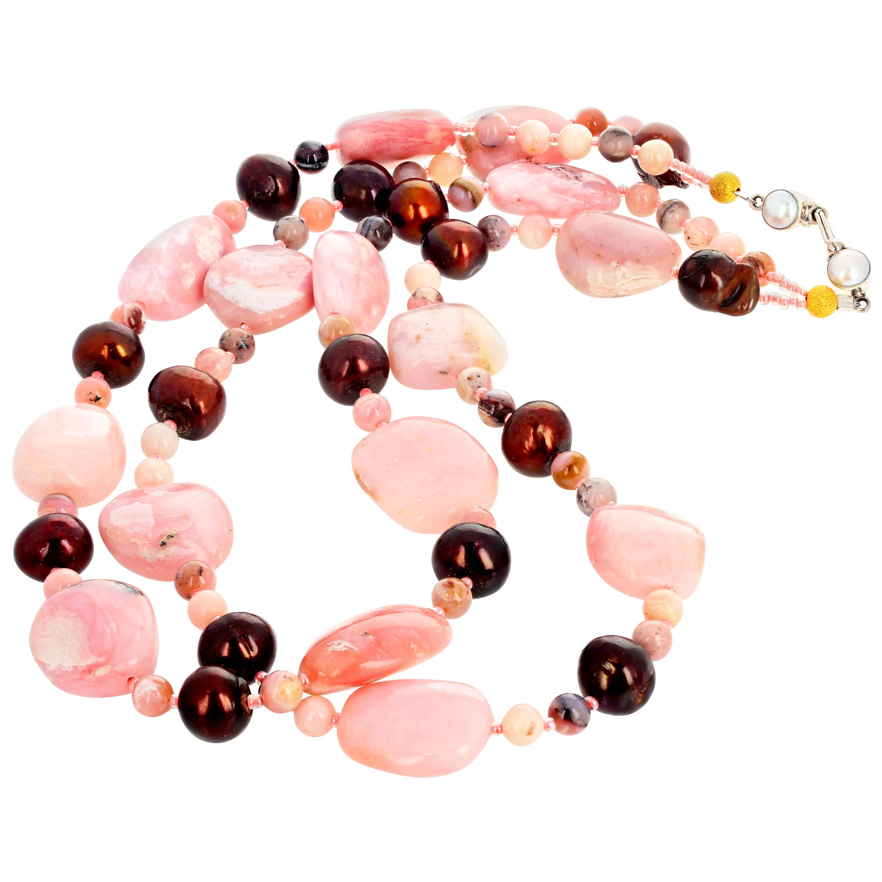 AJD  Chic Dramatic Peruvian NATURAL Pink Opal & Cultured Pearl Necklace For Sale