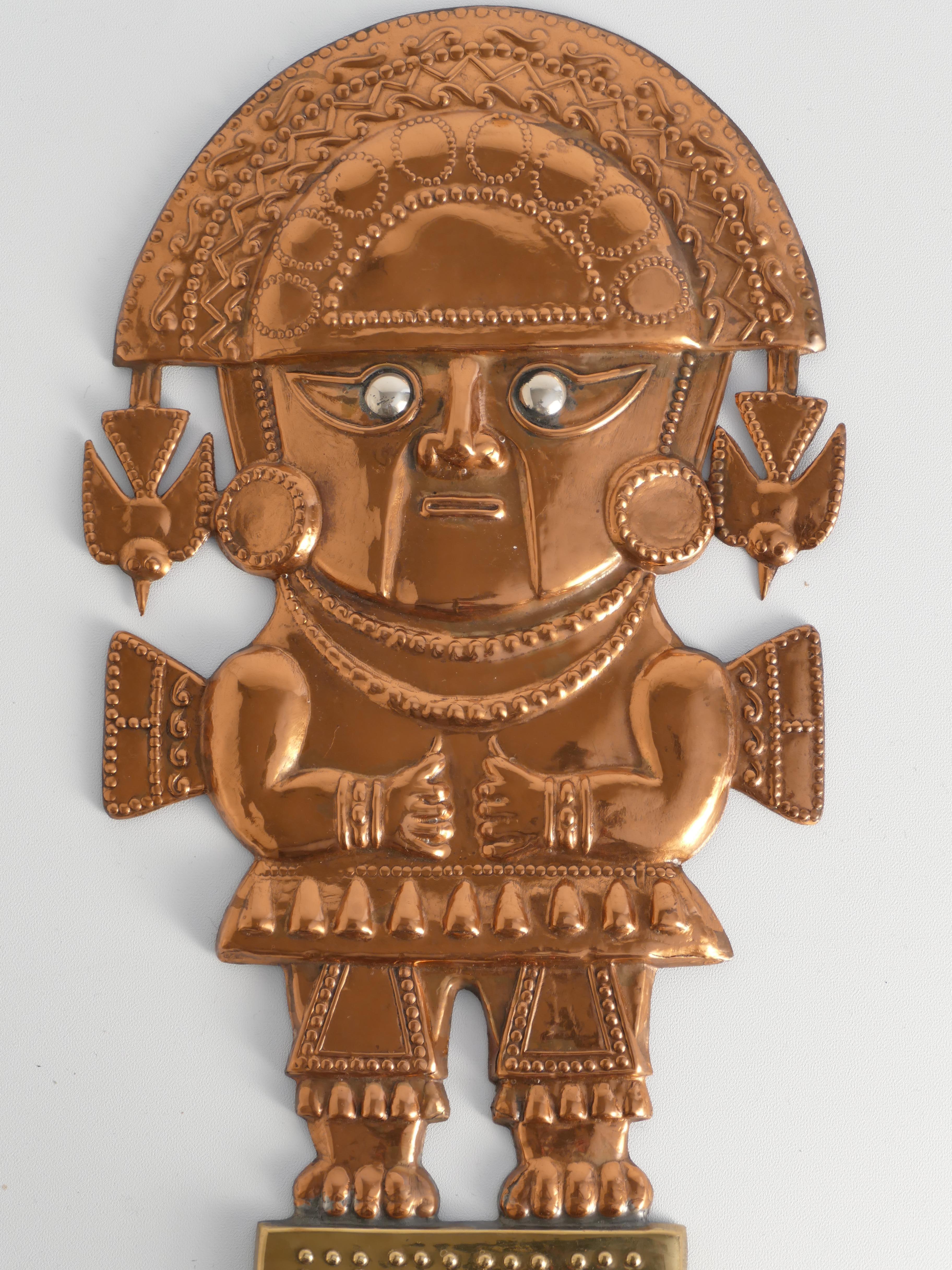 Mid-20th Century Peruvian Naylamp Brass & Copper Model of a Ceremonial Tumi Knife Wall Hanging For Sale