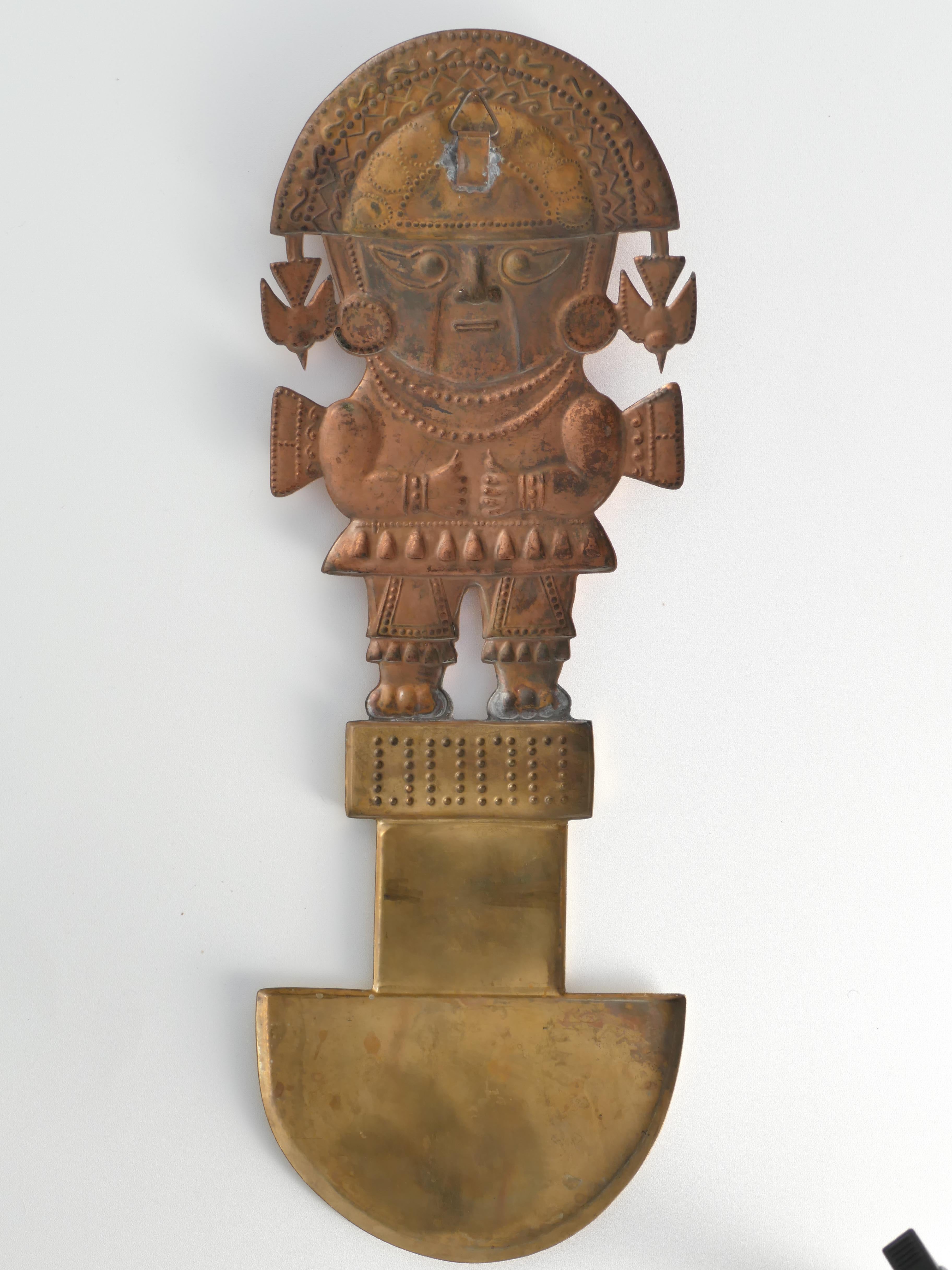 Peruvian Naylamp Brass & Copper Model of a Ceremonial Tumi Knife Wall Hanging For Sale 1