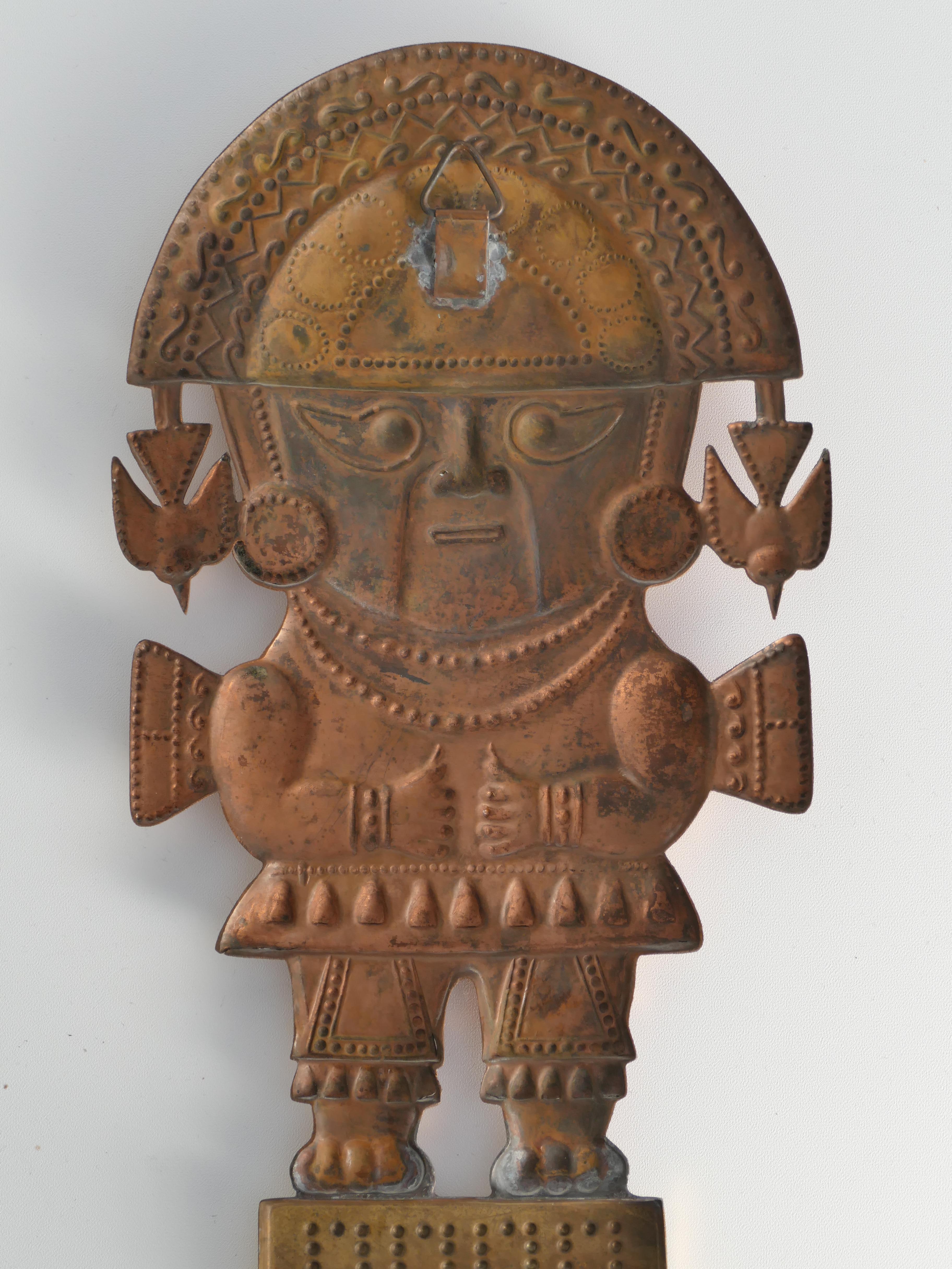 Peruvian Naylamp Brass & Copper Model of a Ceremonial Tumi Knife Wall Hanging For Sale 2
