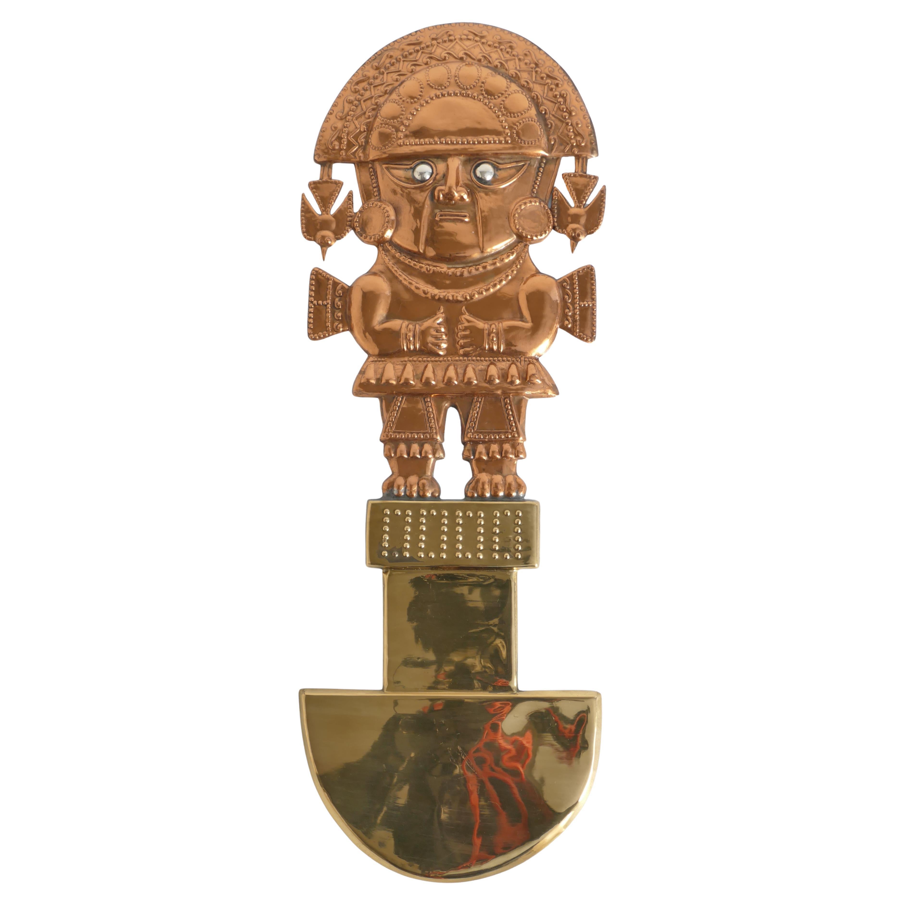Peruvian Naylamp Brass & Copper Model of a Ceremonial Tumi Knife Wall Hanging For Sale