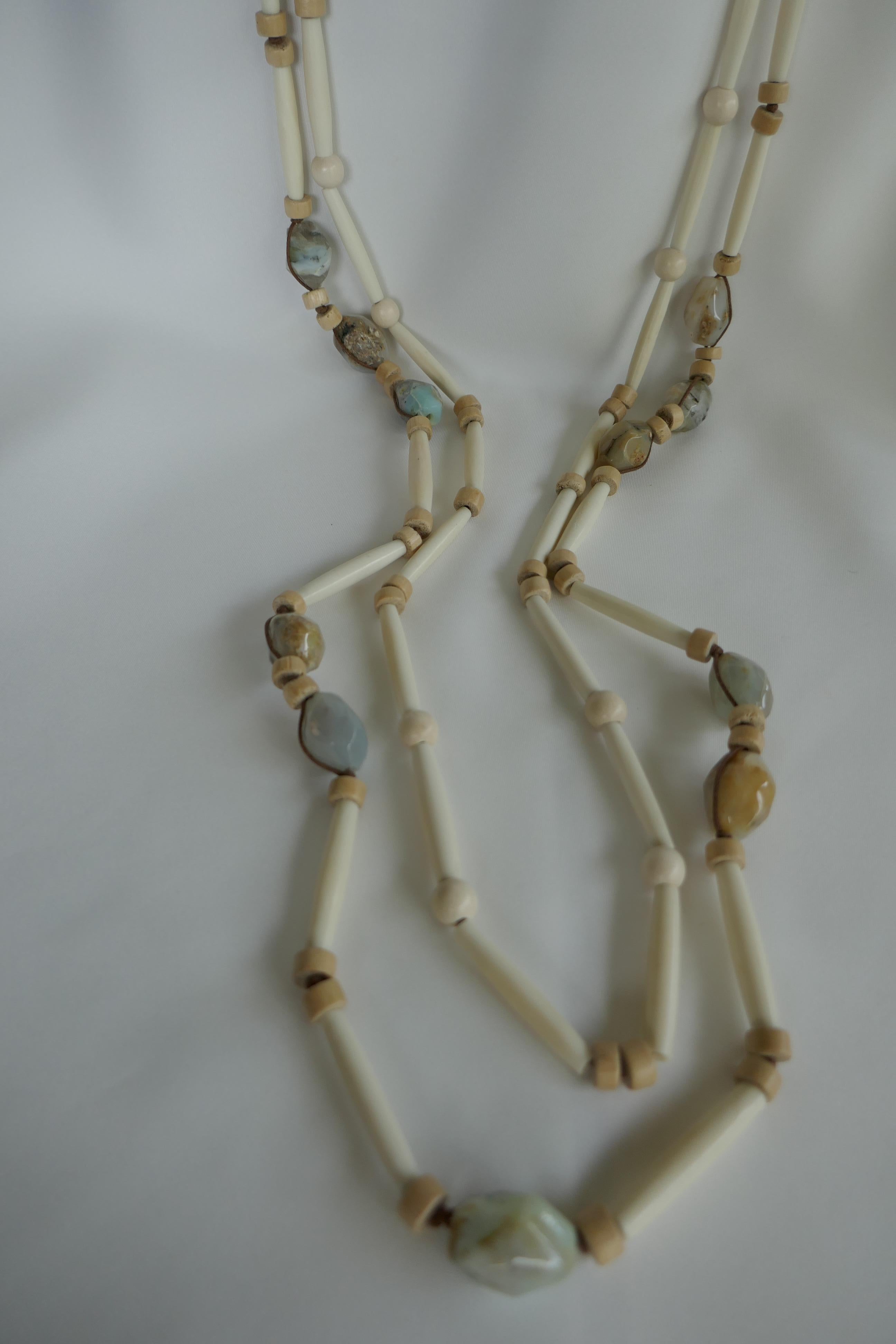 Contemporary Peruvian Opal Horn Pale Wood Long Gemstone Necklace