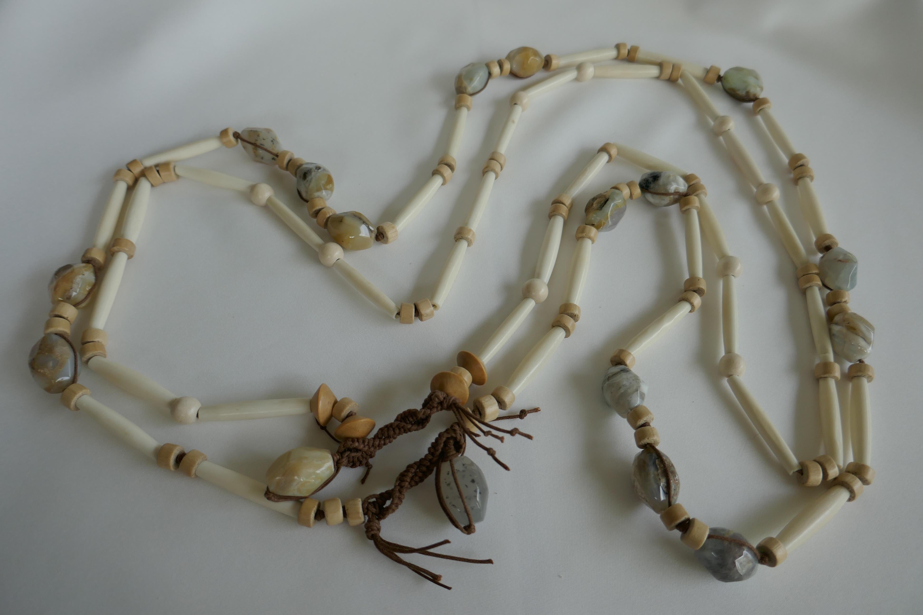 Peruvian Opal Horn Pale Wood Long Gemstone Necklace 3