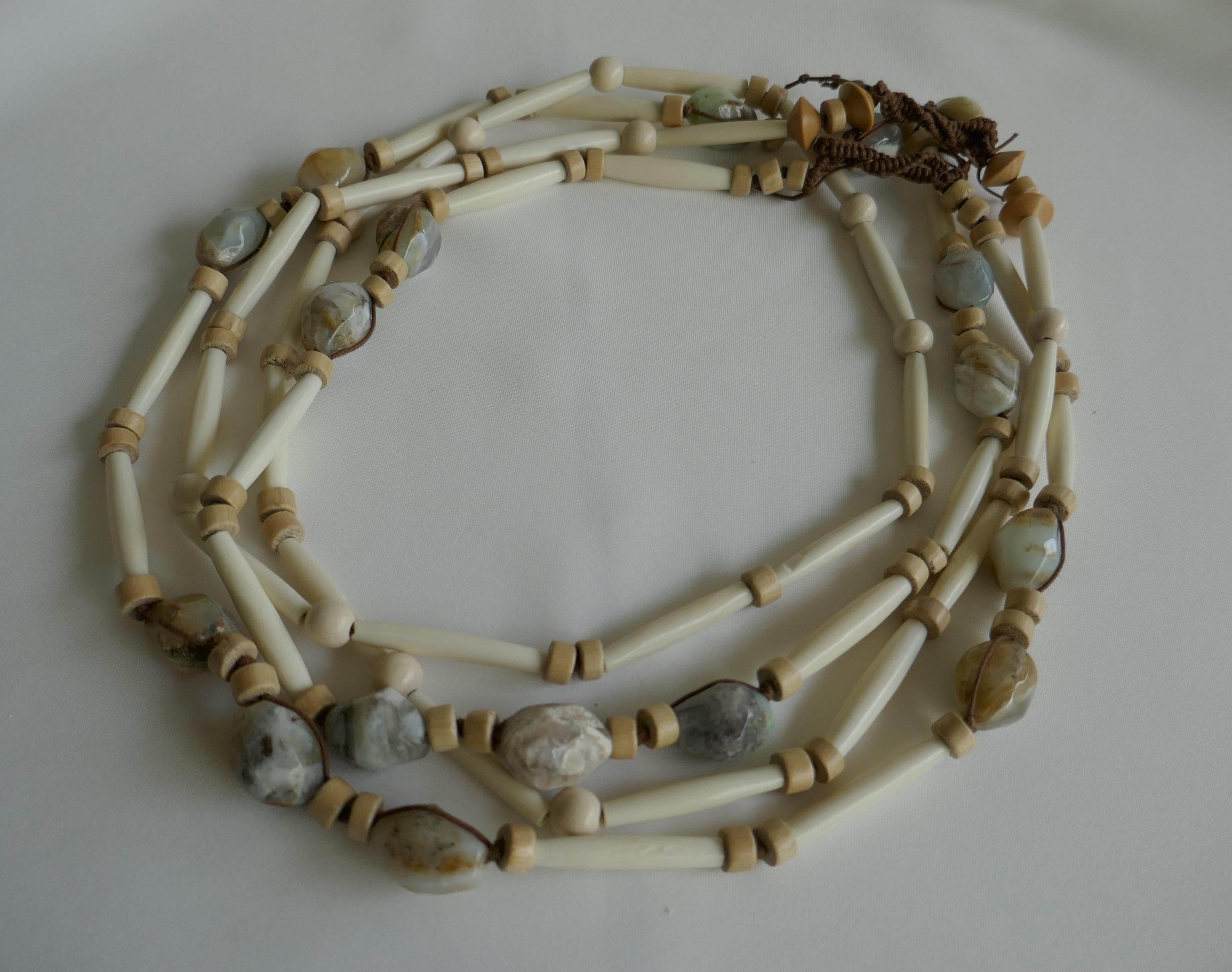 Peruvian Opal Horn Pale Wood Long Gemstone Necklace 4