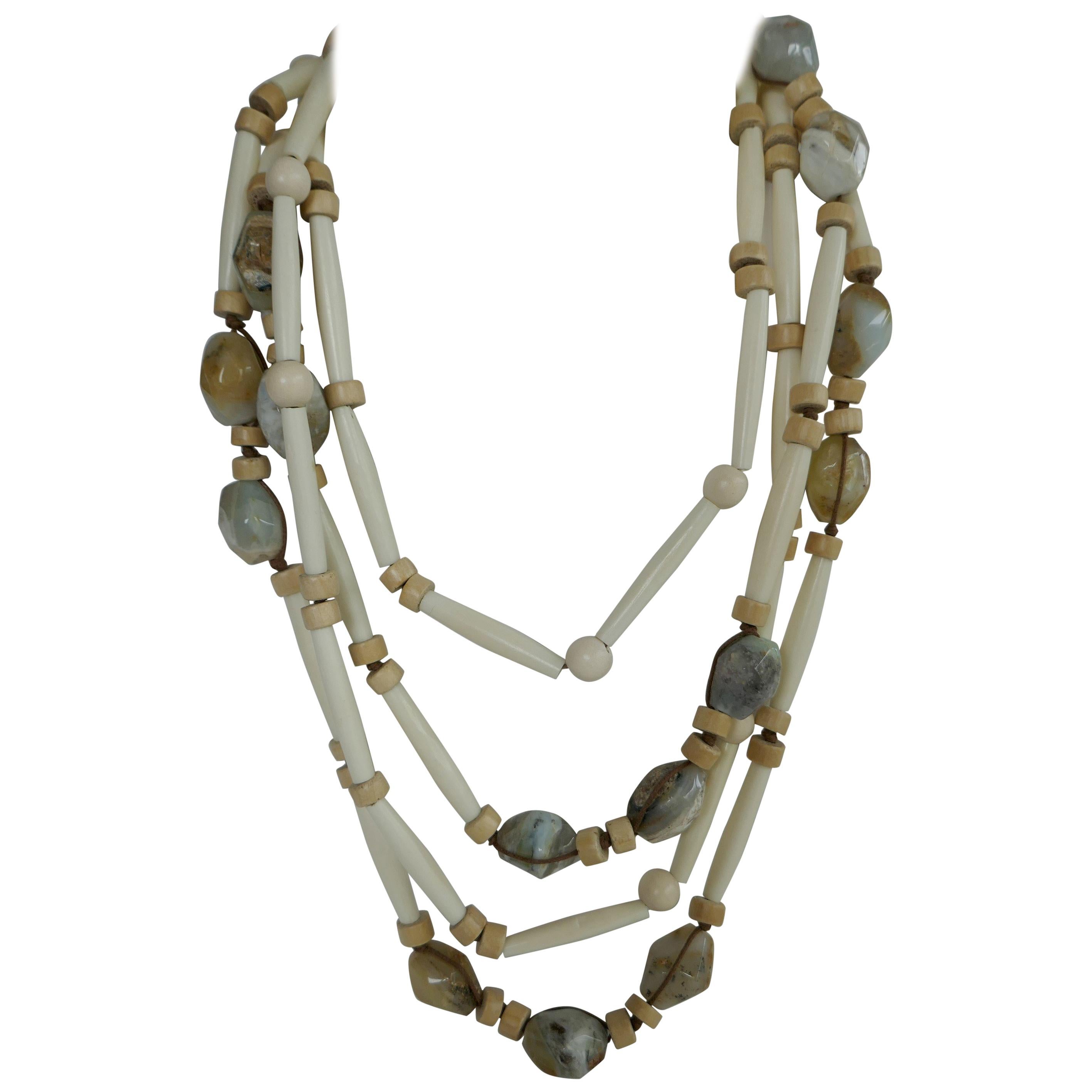 Peruvian Opal Horn Pale Wood Long Gemstone Necklace