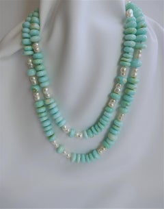 Peruvian Opal White Cultured Pearl Long Gemstone Necklace