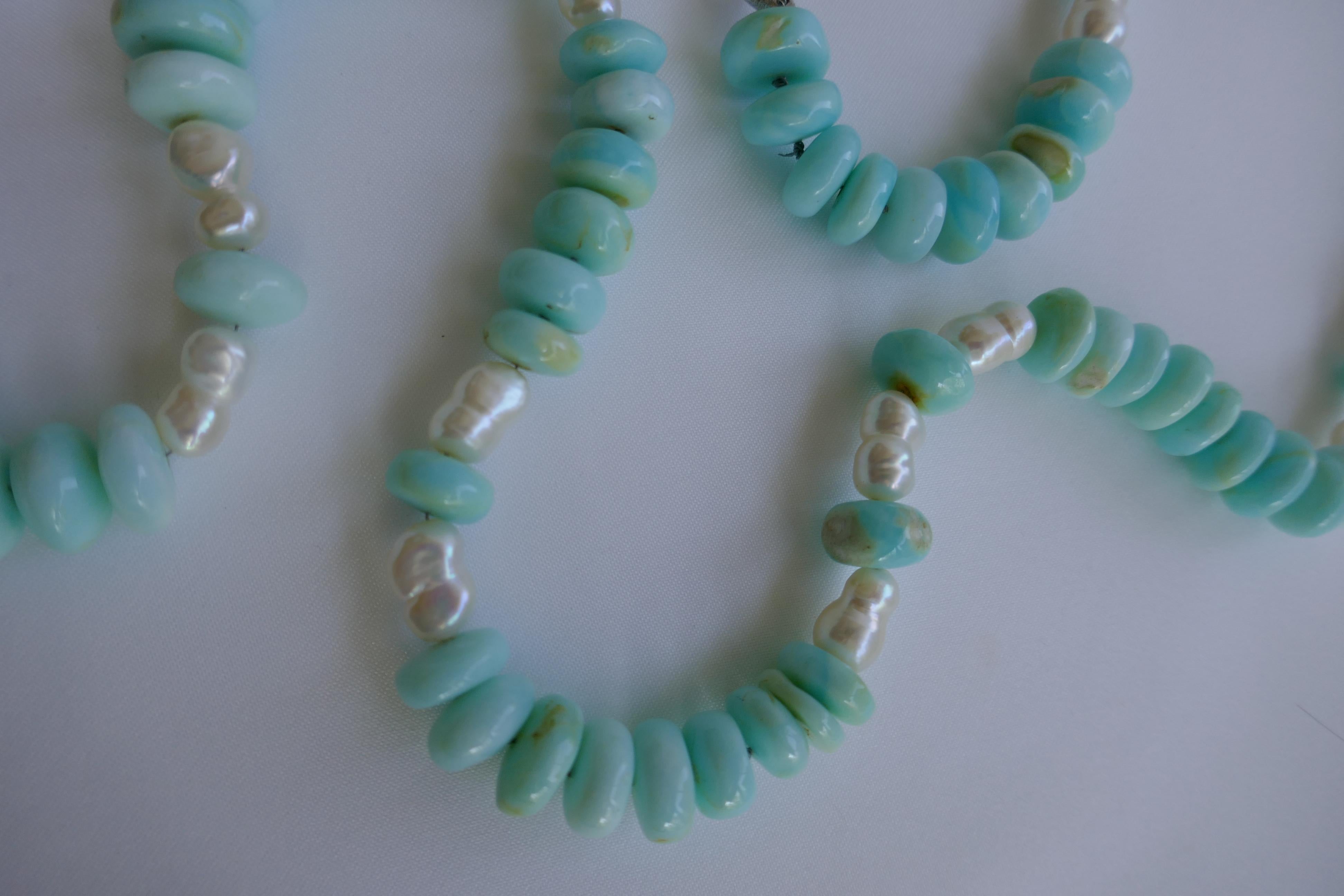 Peruvian Opal White Cultured Pearl Long Gemstone Necklace In New Condition For Sale In Coral Gables, FL