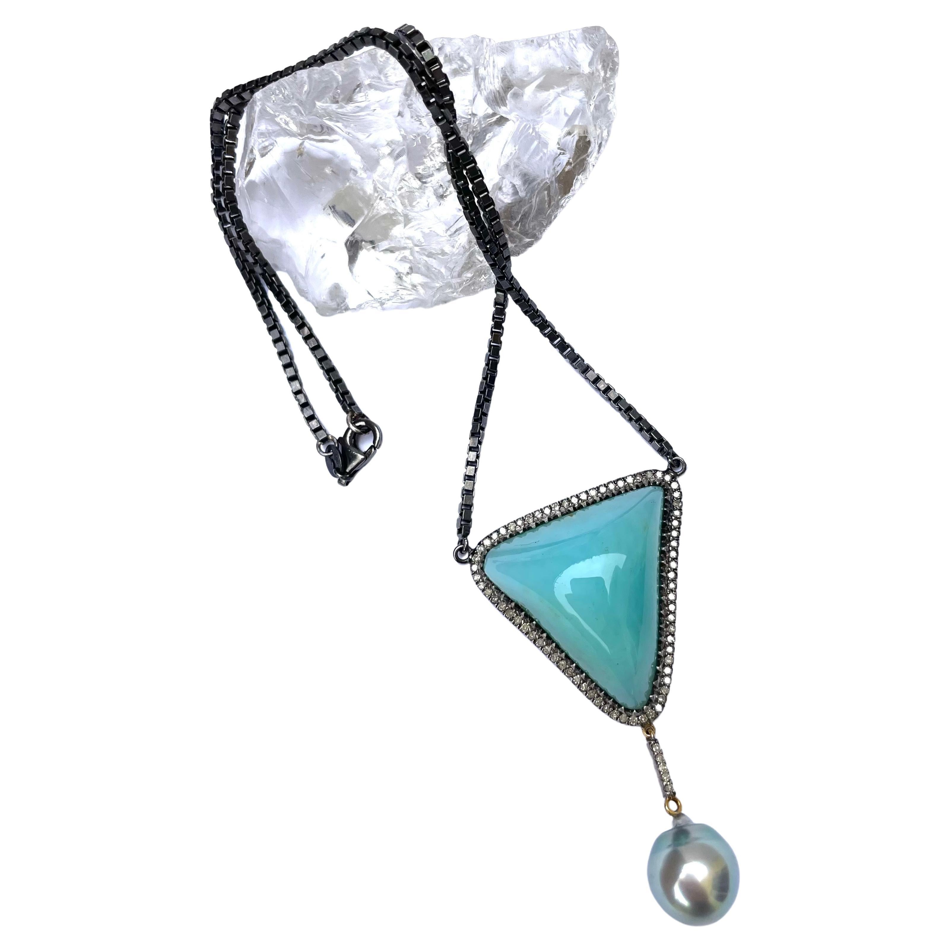 Modern Peruvian Opal with Tahitian Pearl and Diamonds Necklace For Sale