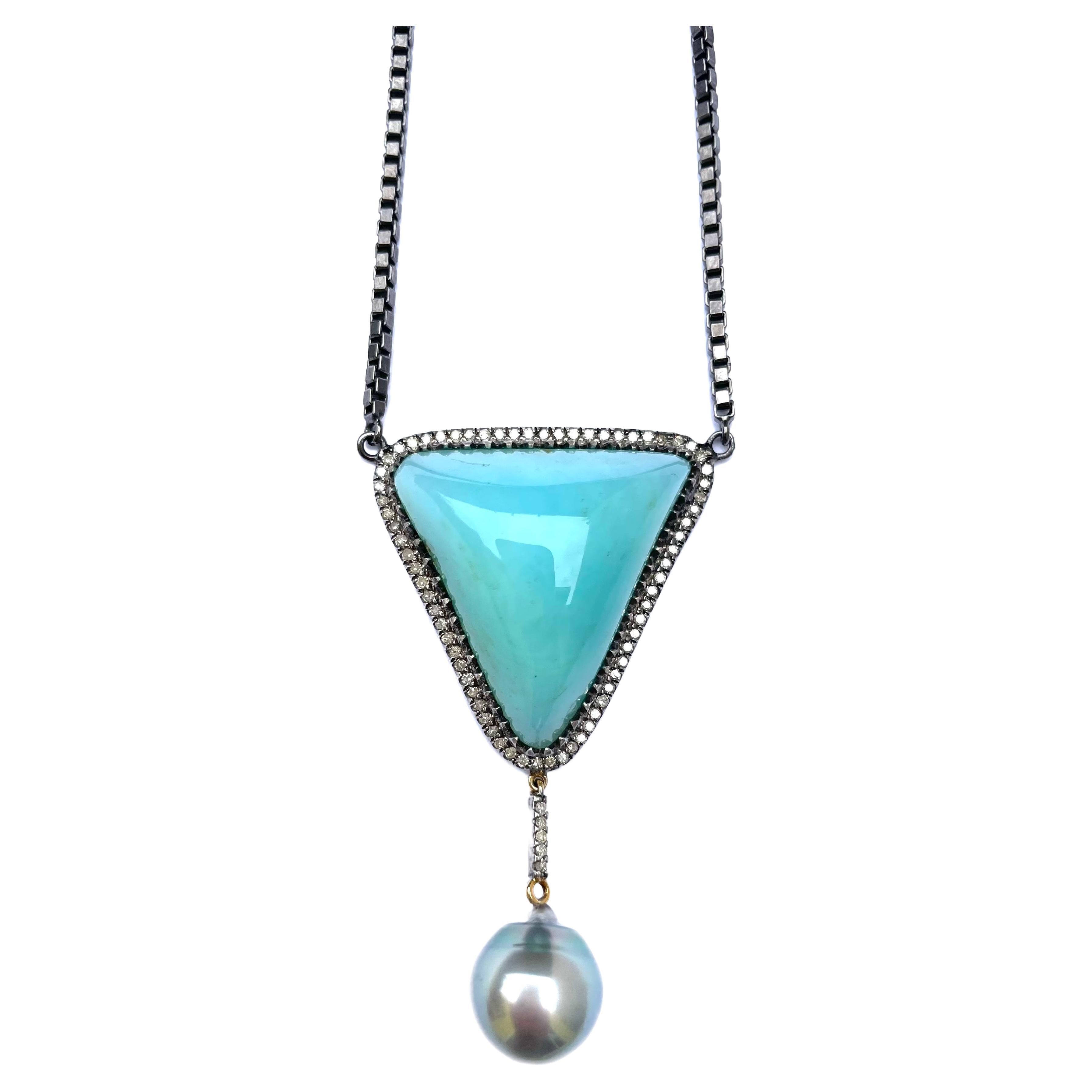 Artisan Peruvian Opal with Tahitian Pearl and Diamonds Necklace For Sale