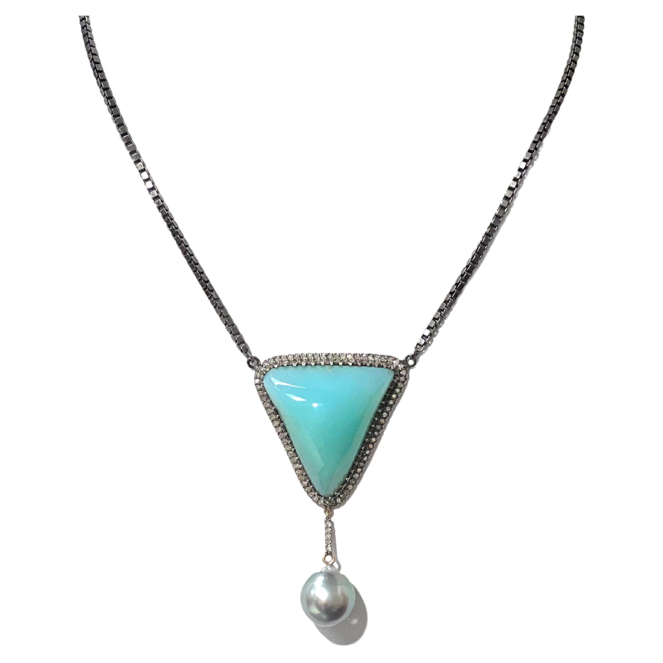 Collier d'opales du Pérou et de perles de Tahiti avec diamants