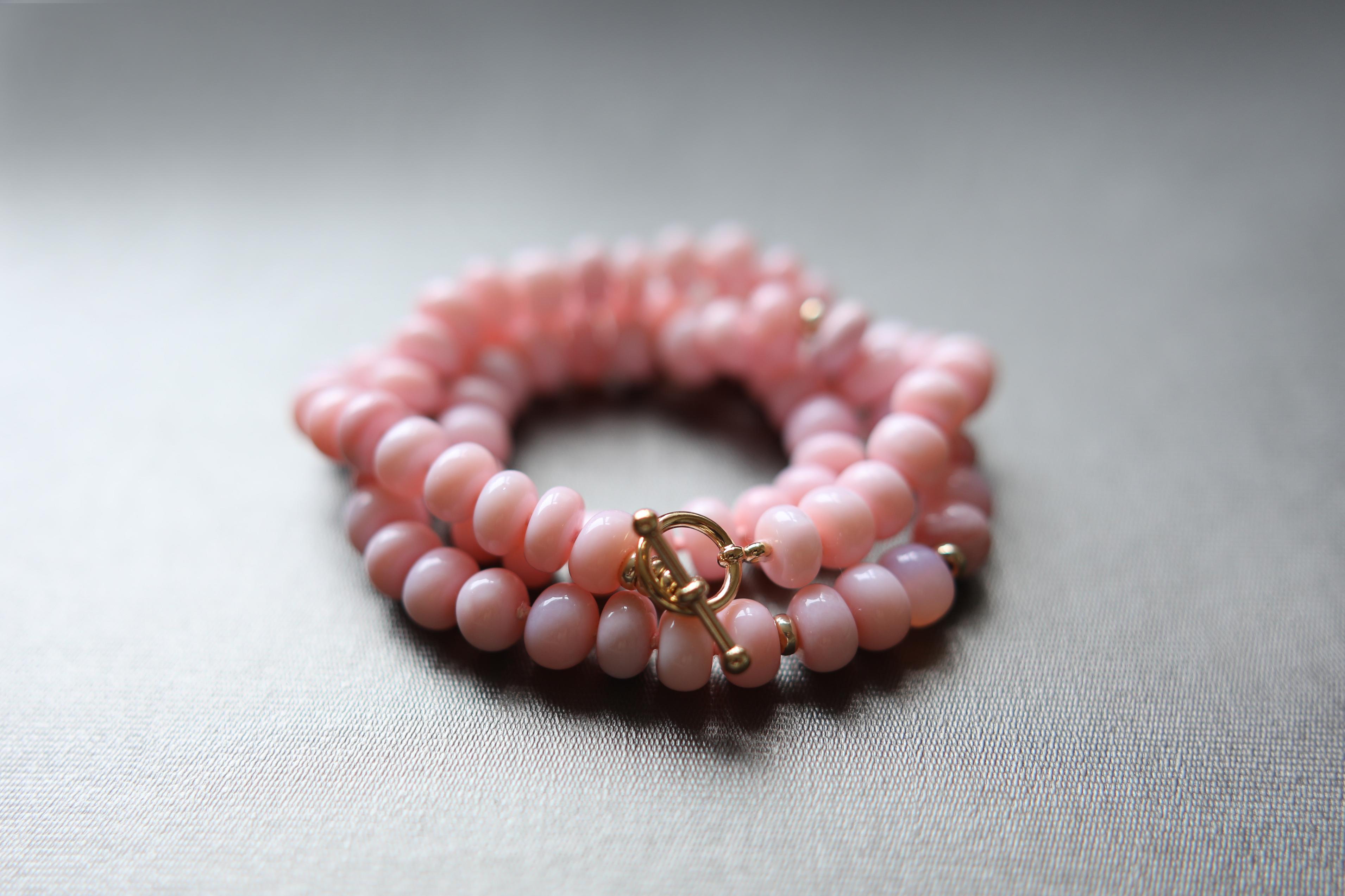 Contemporary Peruvian Pink Opal Bead Bracelet Necklace Yellow Gold Toggle Clasp For Sale