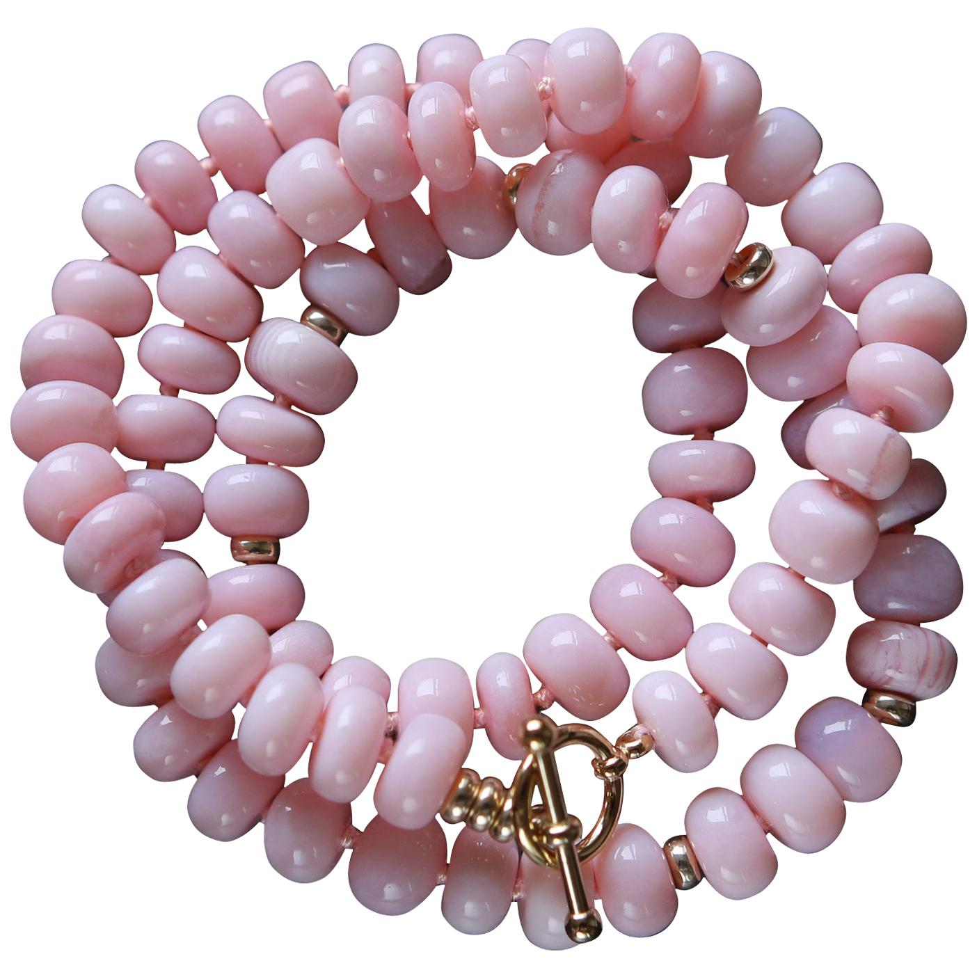 Peruvian Pink Opal Bead Bracelet Necklace Yellow Gold Toggle Clasp For Sale