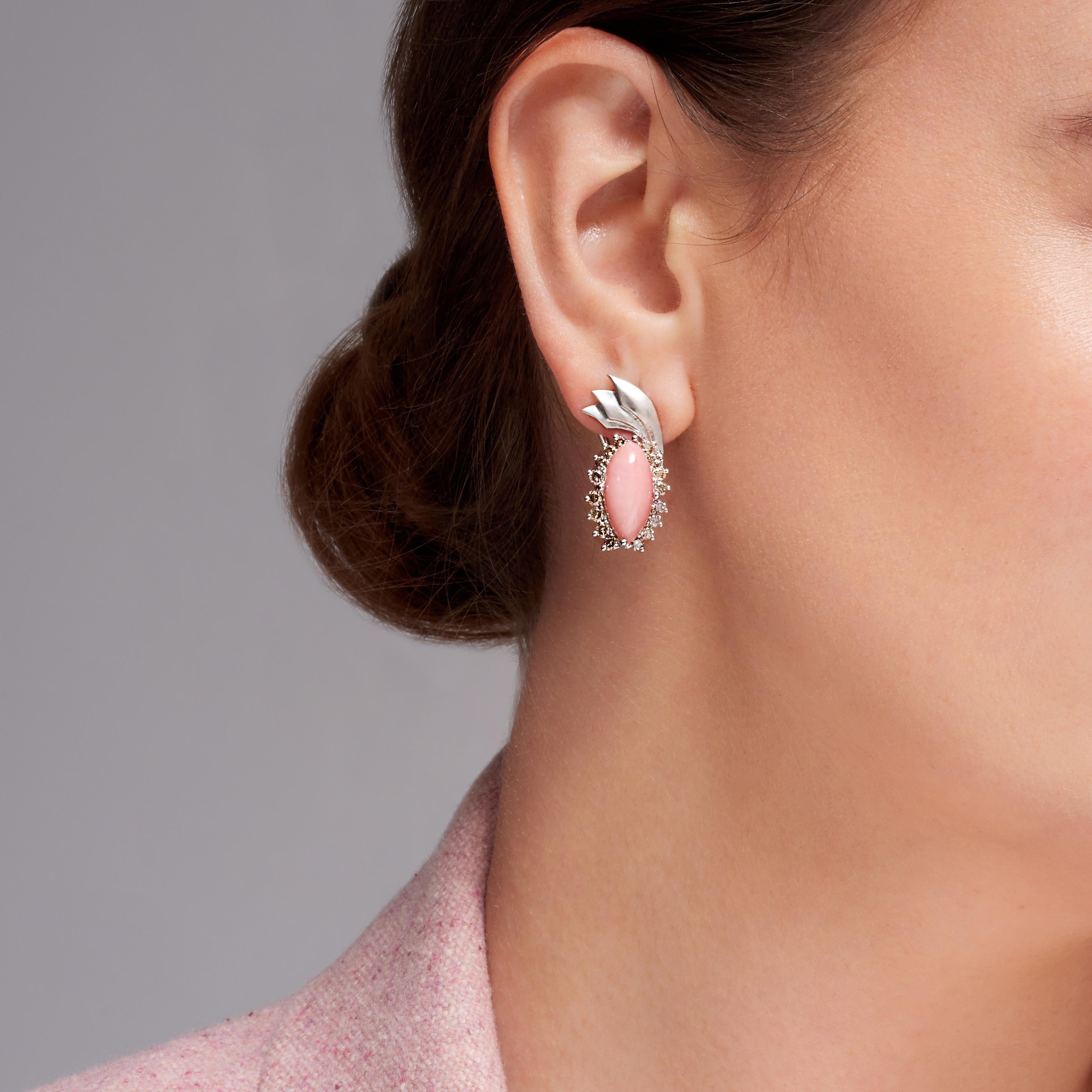 Peruvian Pink Opal Champagne Diamond 18k White Gold Drop Earrings, In Stock For Sale 4