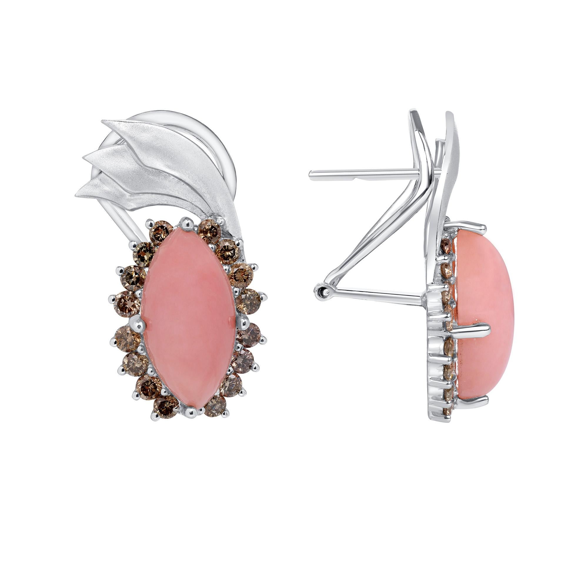 Peruvian Pink Opal Champagne Diamond 18k White Gold Drop Earrings, In Stock In New Condition For Sale In Woodstock, GA