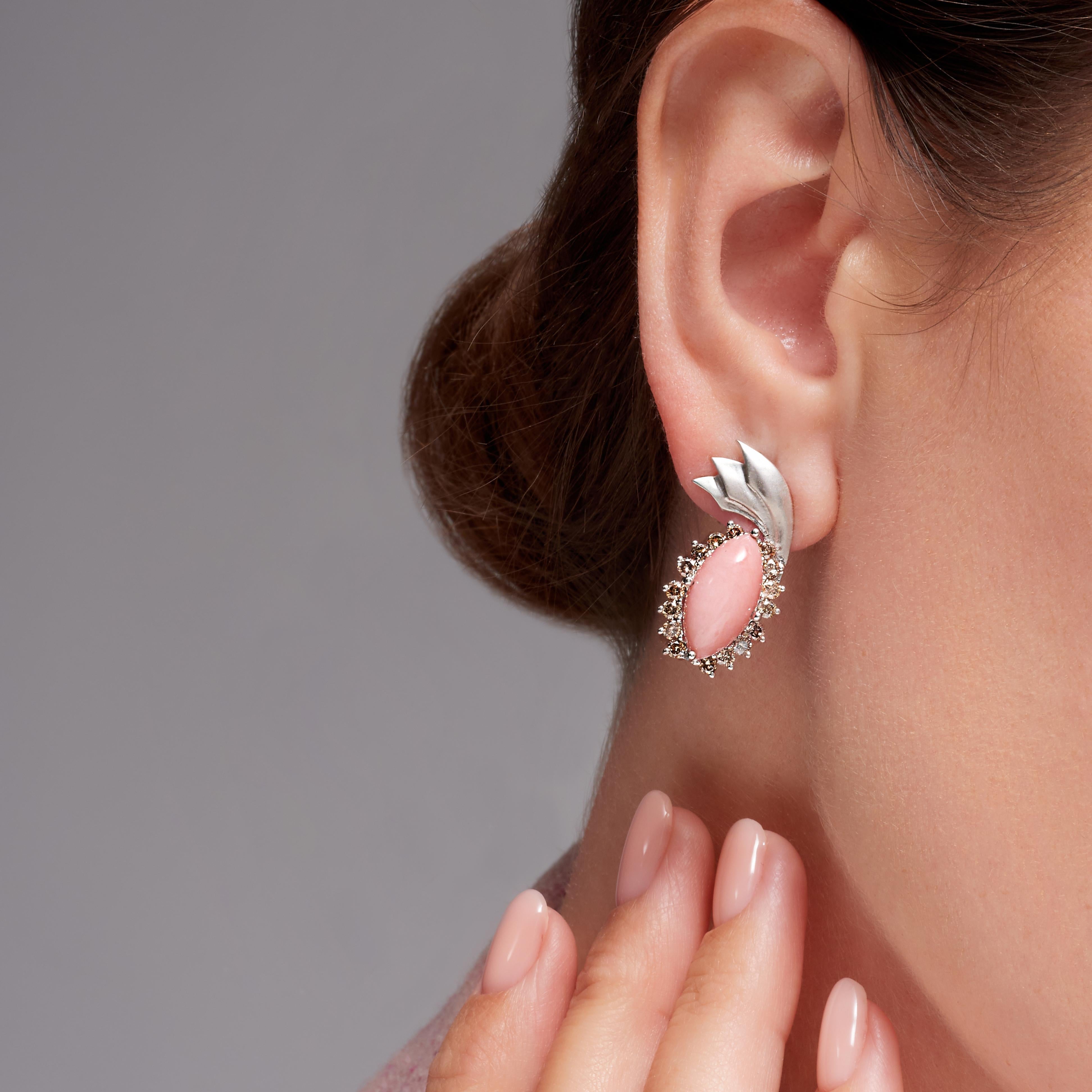 Art Deco Peruvian Pink Opal Champagne Diamond 18k White Gold Drop Earrings, In Stock For Sale