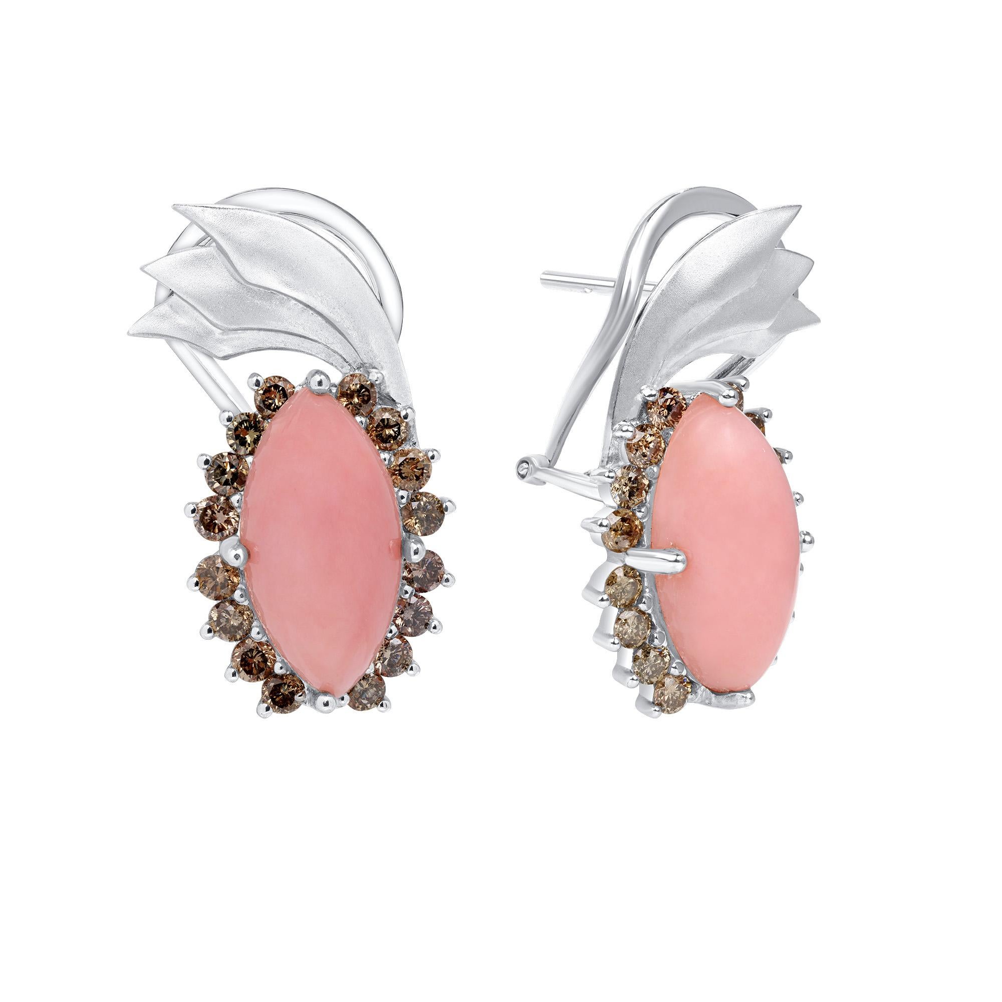 Women's Peruvian Pink Opal Champagne Diamond 18k White Gold Drop Earrings, In Stock For Sale