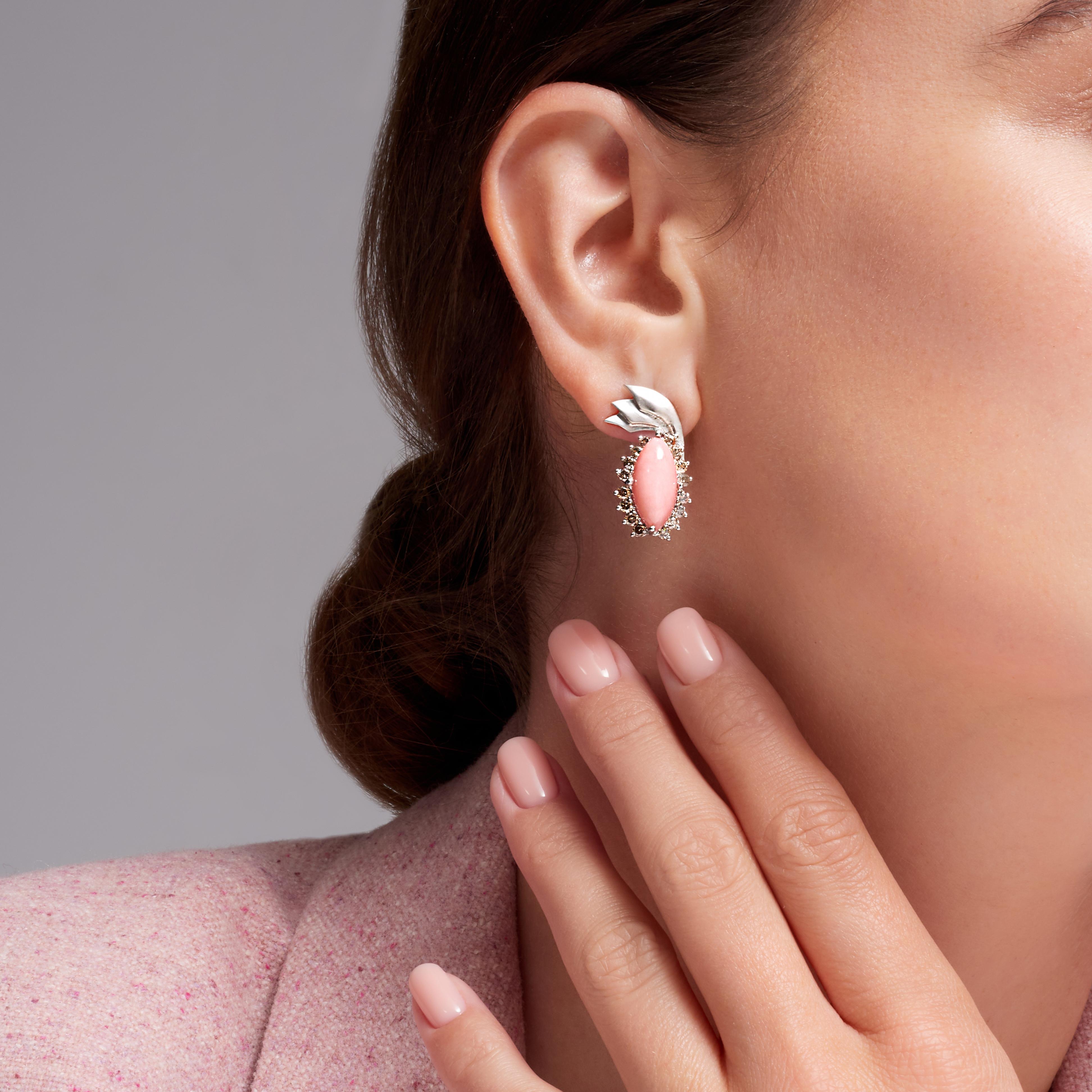 Peruvian Pink Opal Champagne Diamond 18k White Gold Drop Earrings, In Stock For Sale 3