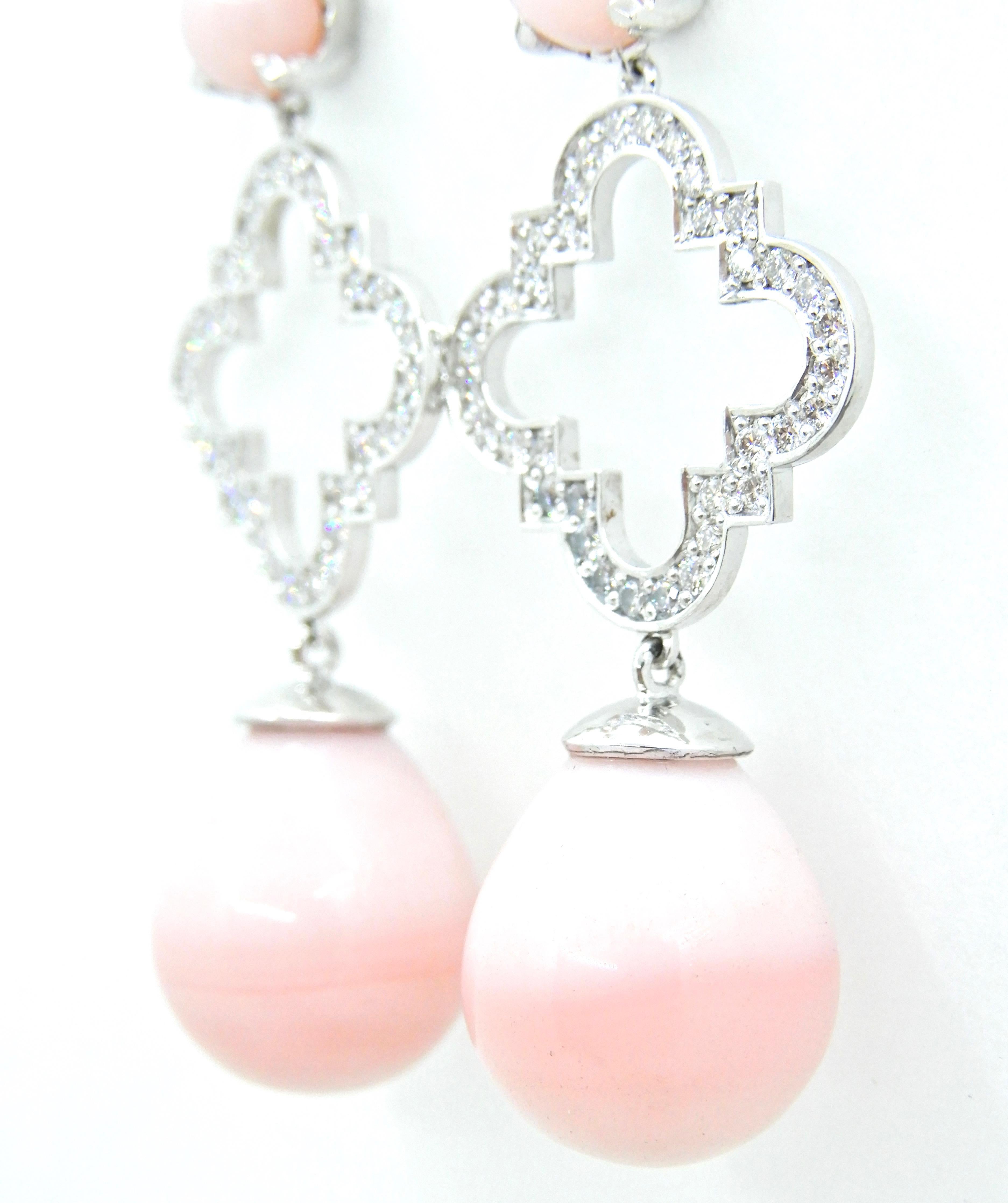 Peruvian Pink Opal Diamond and 18 Carat White Gold Earrings For Sale 1