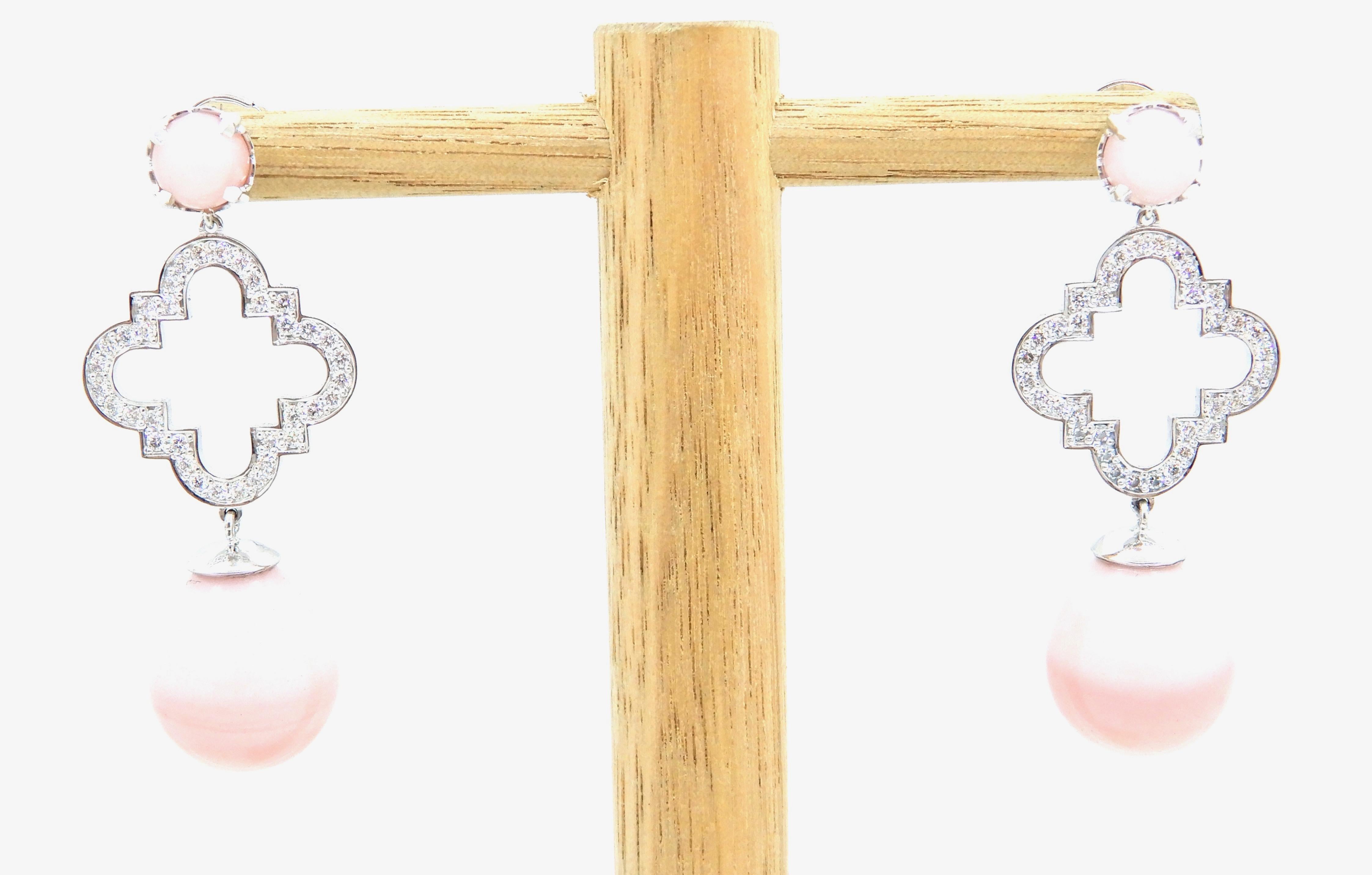 Contemporary Peruvian Pink Opal Diamond and 18 Carat White Gold Earrings For Sale