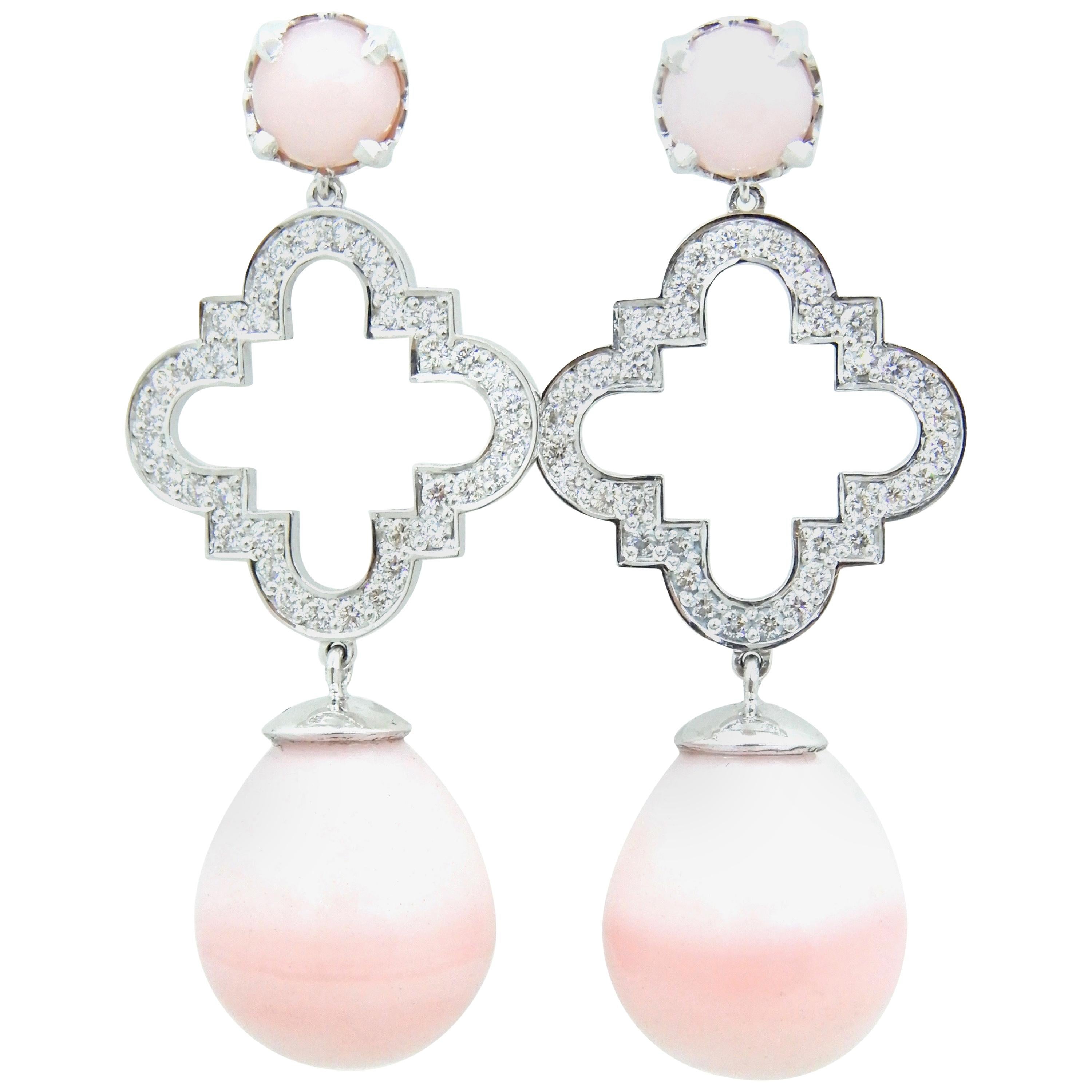 Peruvian Pink Opal Diamond and 18 Carat White Gold Earrings For Sale