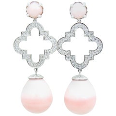 Peruvian Pink Opal Diamond and 18 Carat White Gold Earrings