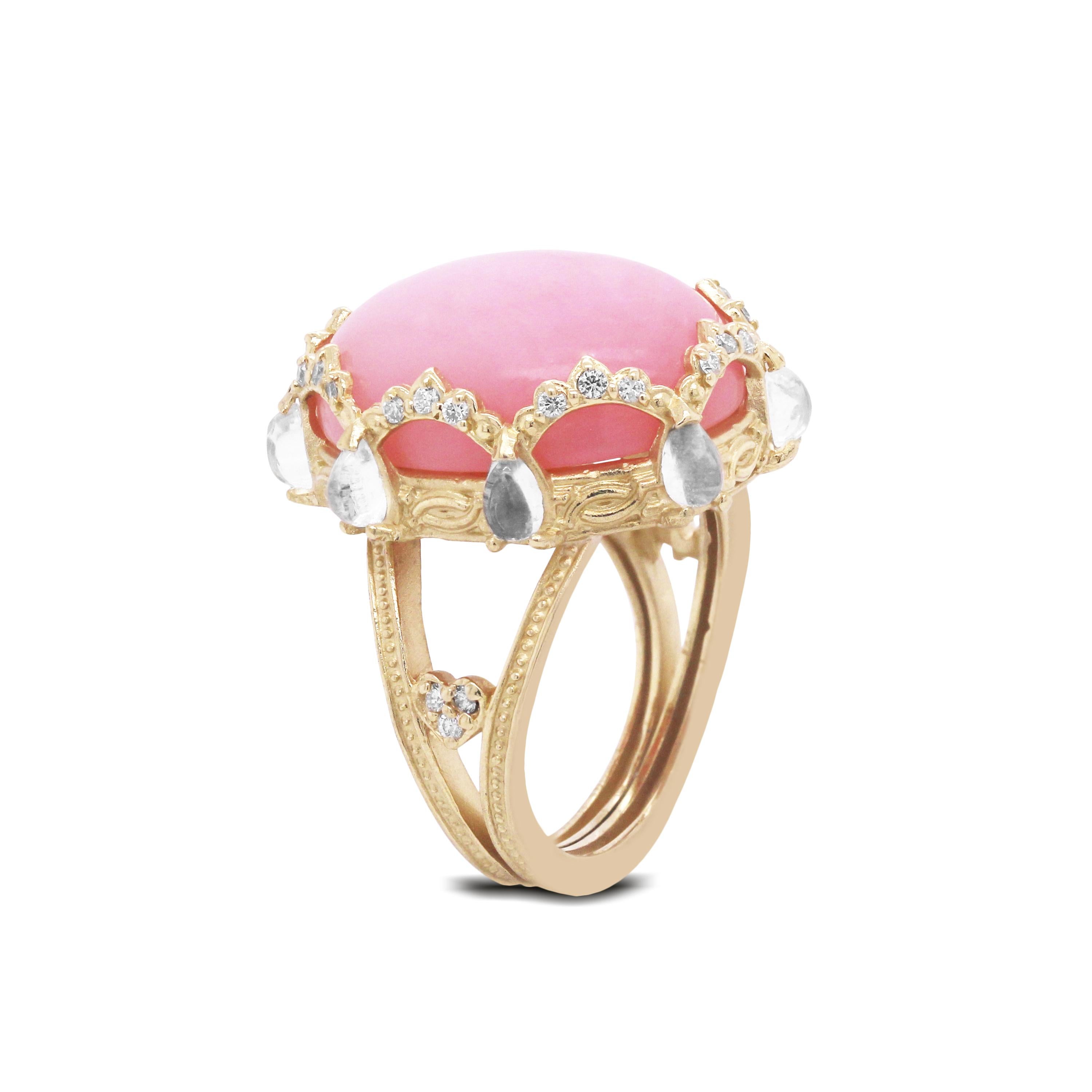 18K Gold and Diamond Oval Ring with Pink Peruvian Opal Center and Rainbow Moonstones by Stambolian

Center stone is a 18.00 carat Pink Peruvian Opal Center, 20 x 15mm

Surrounding the Center Stone are 0.22 carat G color VS clarity diamonds and eight