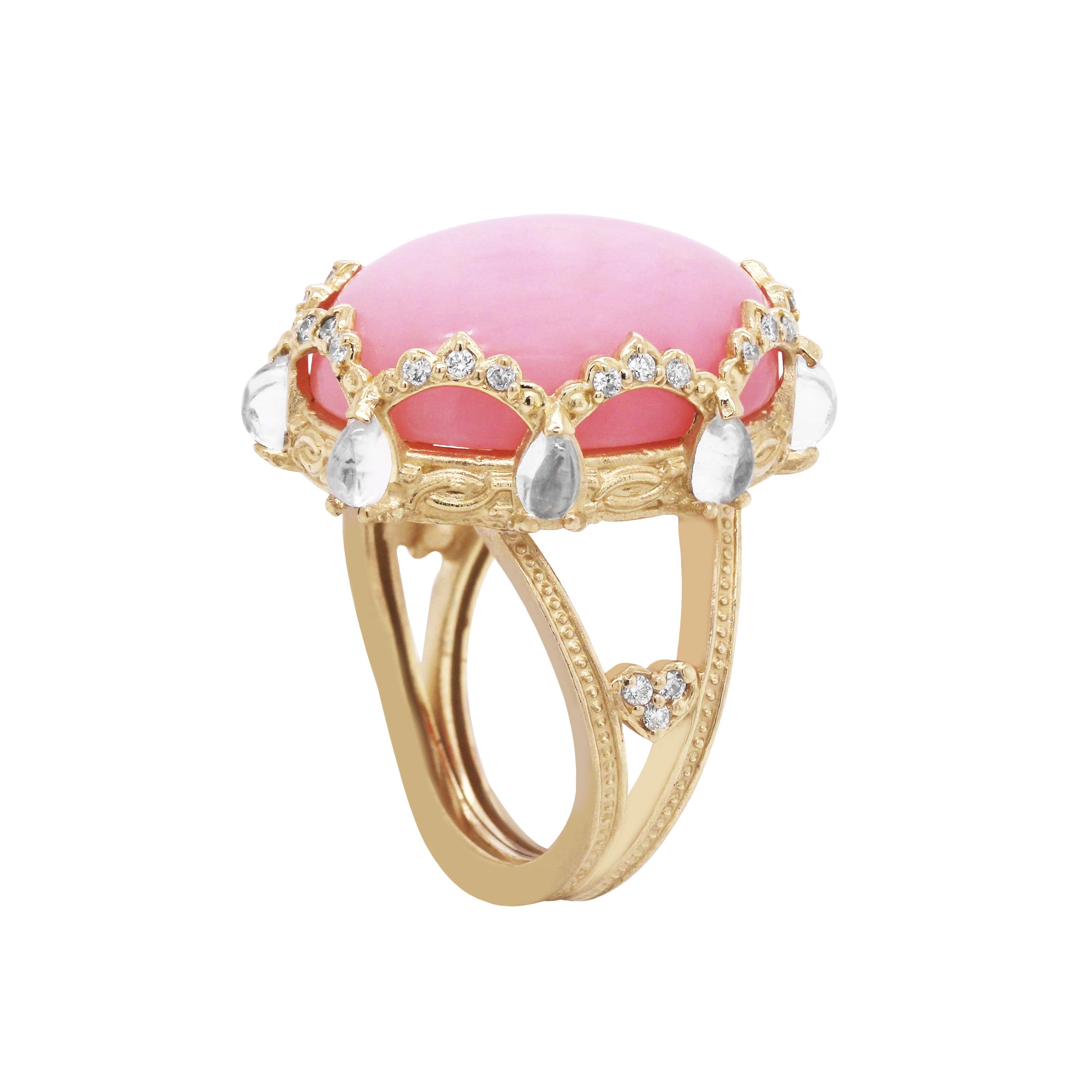 Oval Cut Peruvian Pink Opal Diamond Gold Oval Ring with Rainbow Moonstones