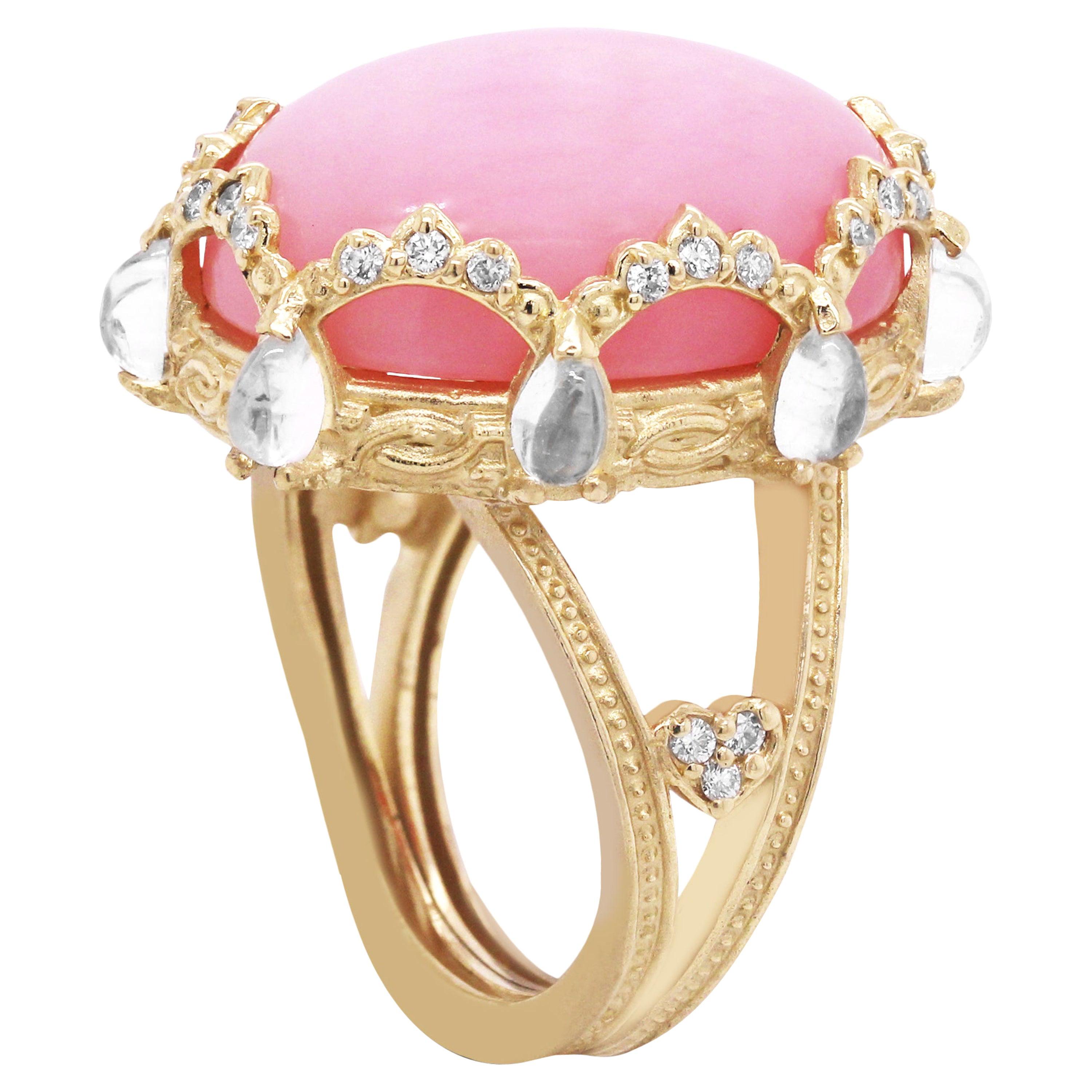 Peruvian Pink Opal Diamond Gold Oval Ring with Rainbow Moonstones