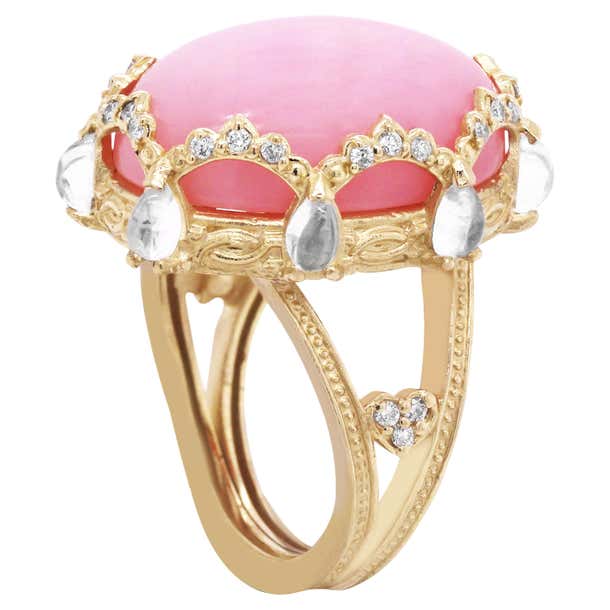 Peruvian Pink Opal Diamond Gold Oval Ring with Rainbow Moonstones at ...