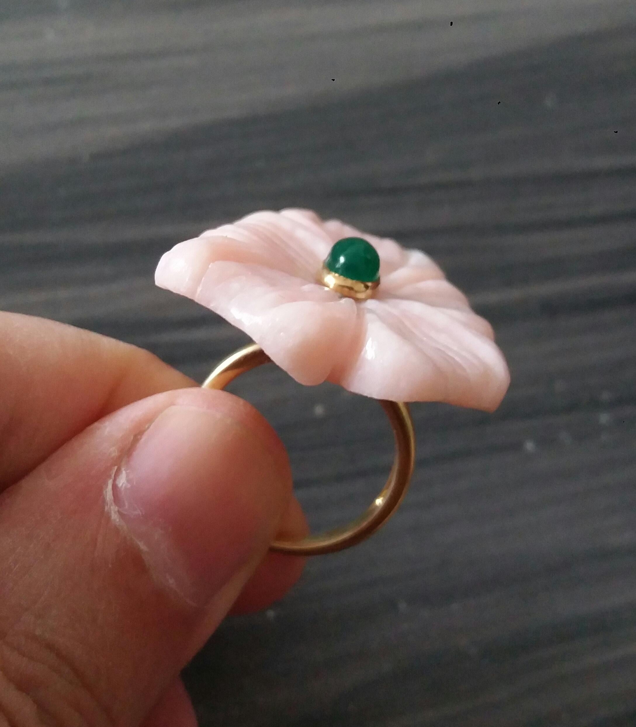 For Sale:  Peruvian Pink Opal Flower Oval Green Onyx Cabochon Solid 14K Gold Fashion Ring 10