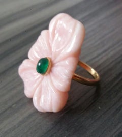 Peruvian Pink Opal Flower Oval Green Onyx Cabochon Solid 14K Gold Fashion Ring