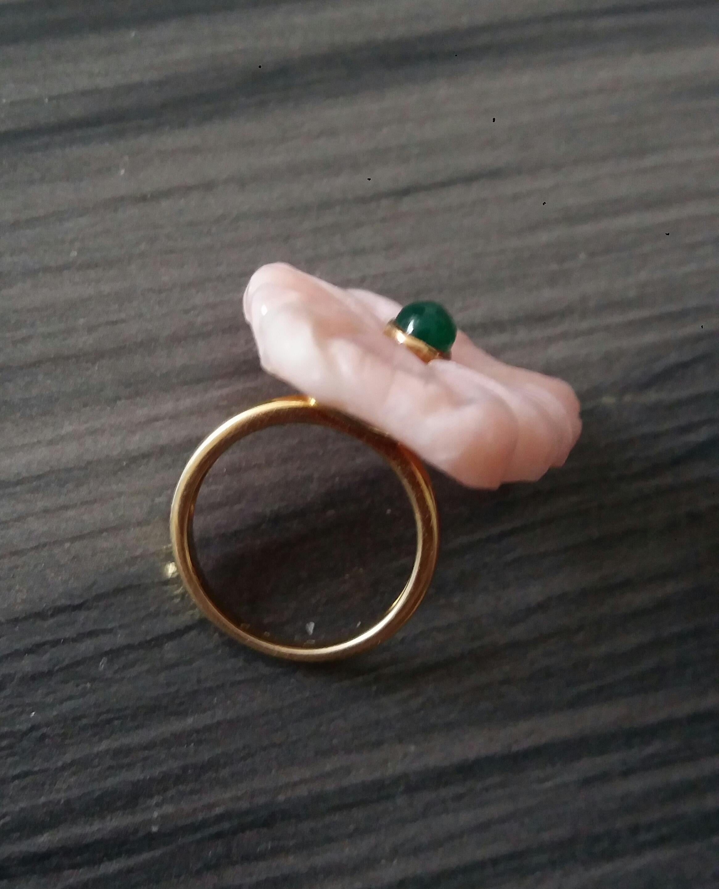 For Sale:  Peruvian Pink Opal Flower Oval Green Onyx Cabochon Solid 14K Gold Fashion Ring 5