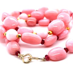 Peruvian Pink Opal, Garnet Bead and Yellow Gold Necklace, 24 Inches