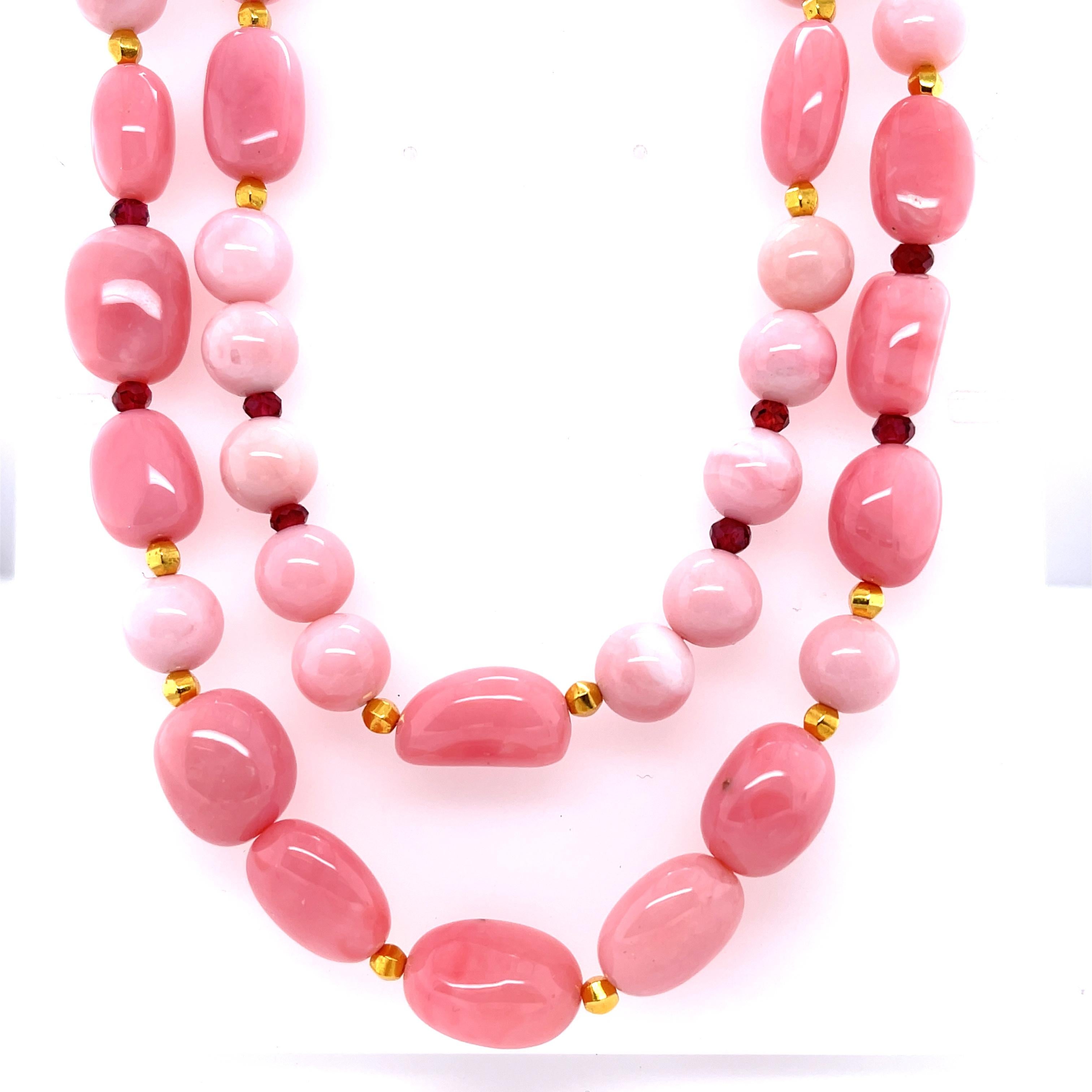 Artisan Peruvian Pink Opal, Garnet Bead and Yellow Gold Necklace, 24 Inches 