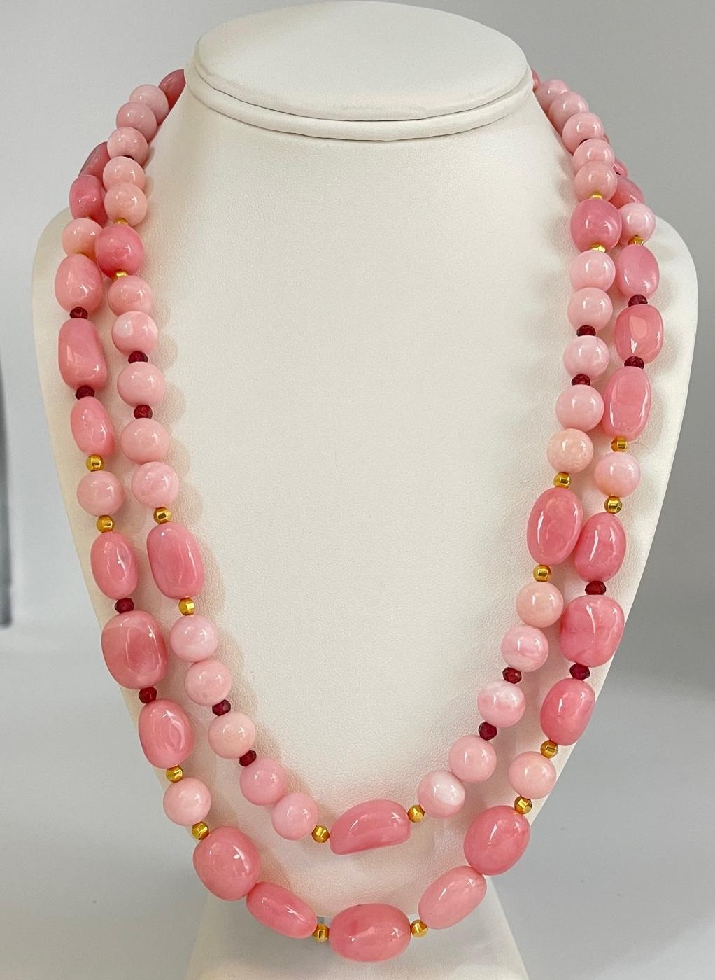 Peruvian Pink Opal, Garnet Bead and Yellow Gold Necklace, 24 Inches  In New Condition In Los Angeles, CA