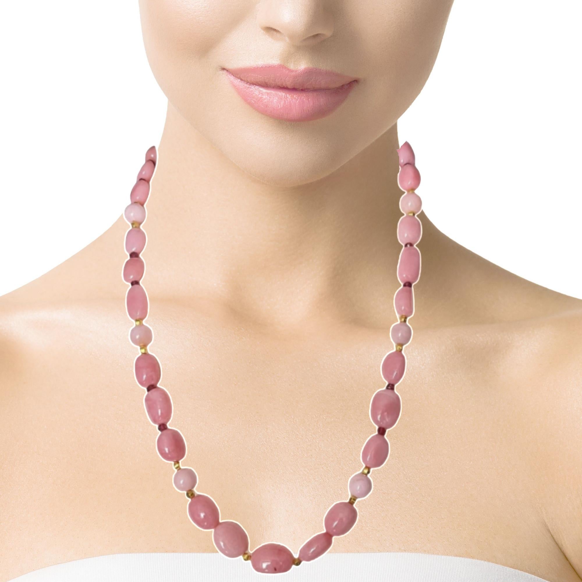 Peruvian Pink Opal, Garnet Bead and Yellow Gold Necklace, 24 Inches  2
