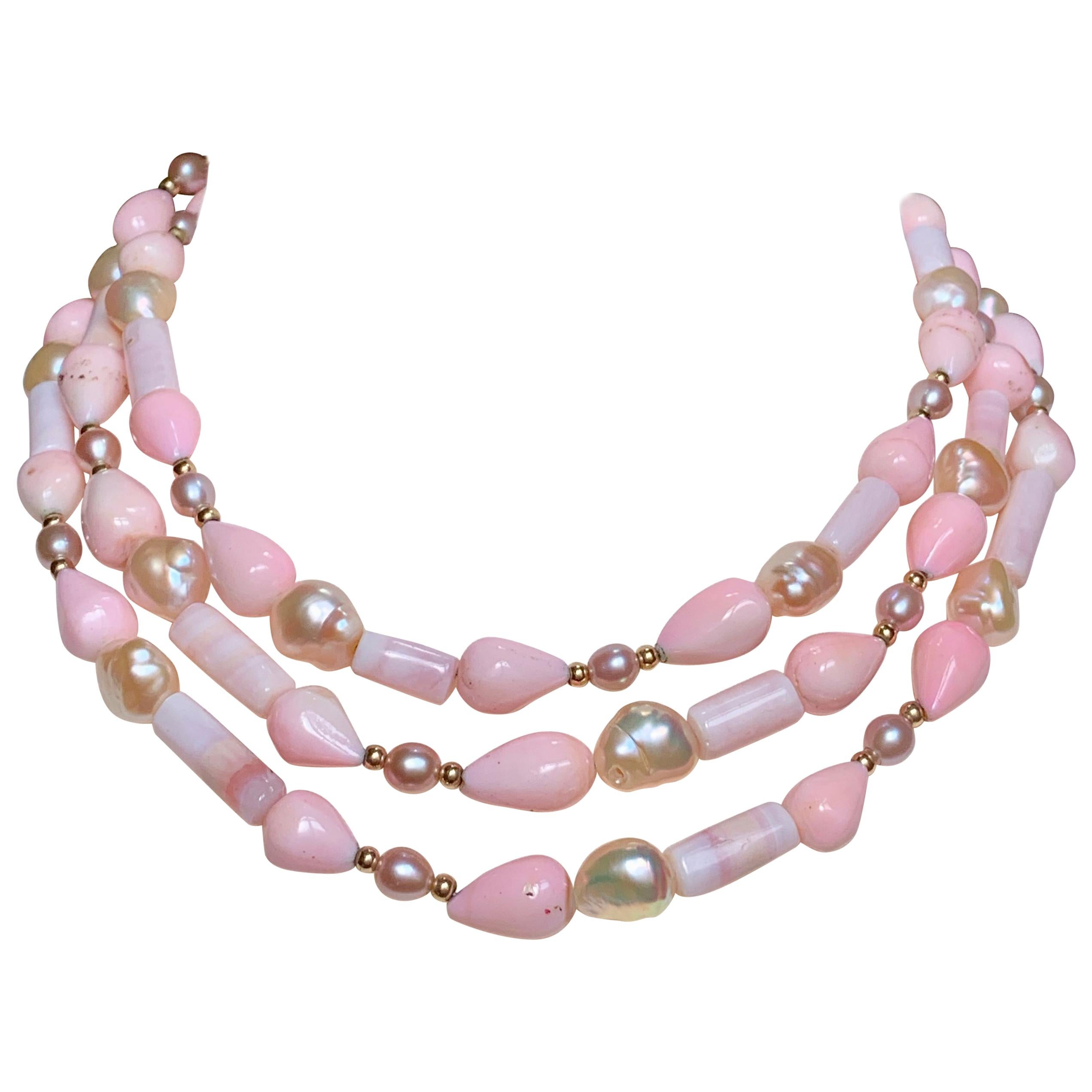 53" Long Peruvian Pink Opal Necklace with 14 Karat Gold Details For Sale