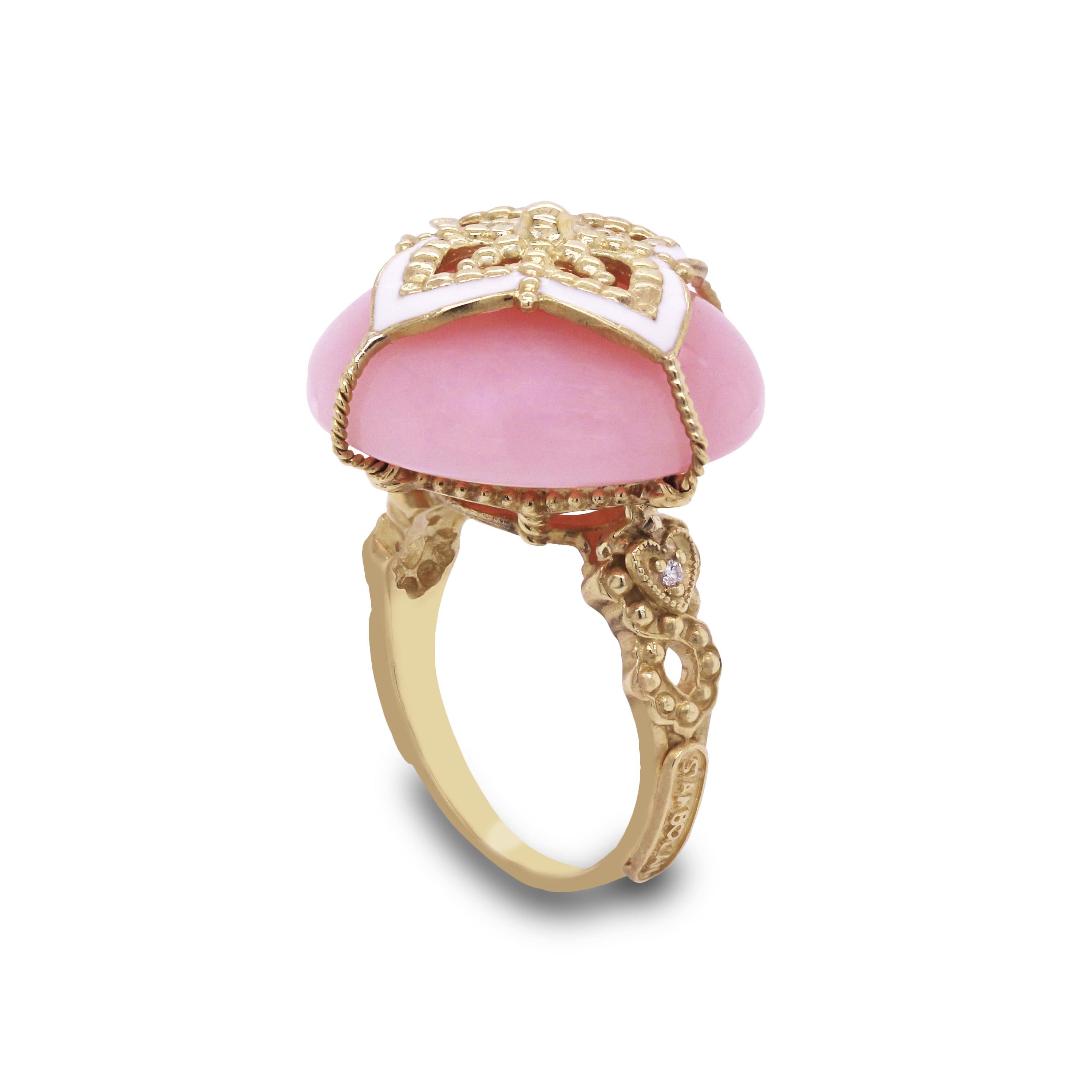 Stambolian Peruvian Pink Opal 18K Yellow Gold and White Enamel Cocktail Ring

From the Stambolian 