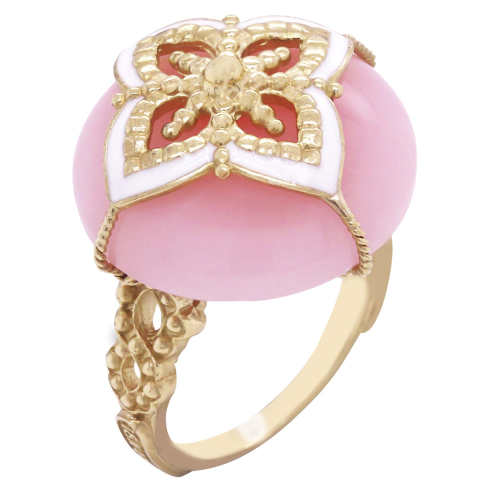Stambolian Peruvian Pink Opal 18K Yellow Gold and White Enamel Cocktail Ring For Sale