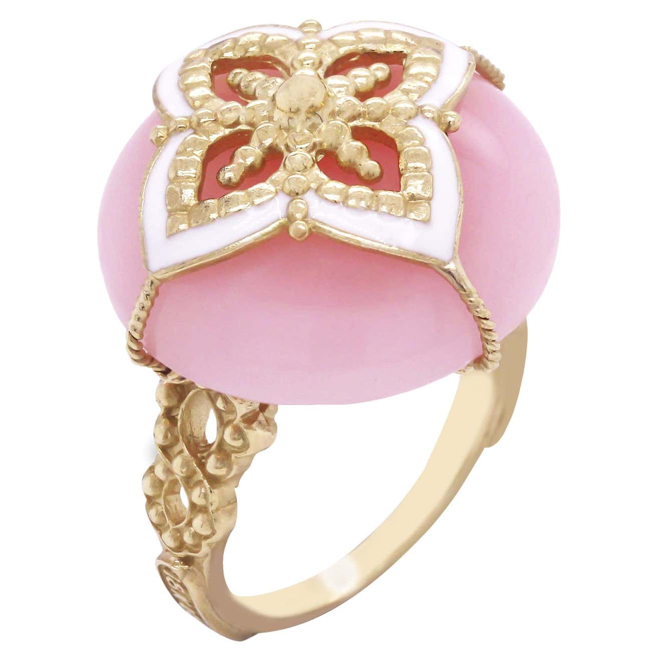 Peruvian Pink Opal Yellow Gold and White Enamel Cocktail Ring For Sale ...