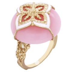 Stambolian Peruvian Pink Opal 18K Yellow Gold and White Enamel Cocktail Ring