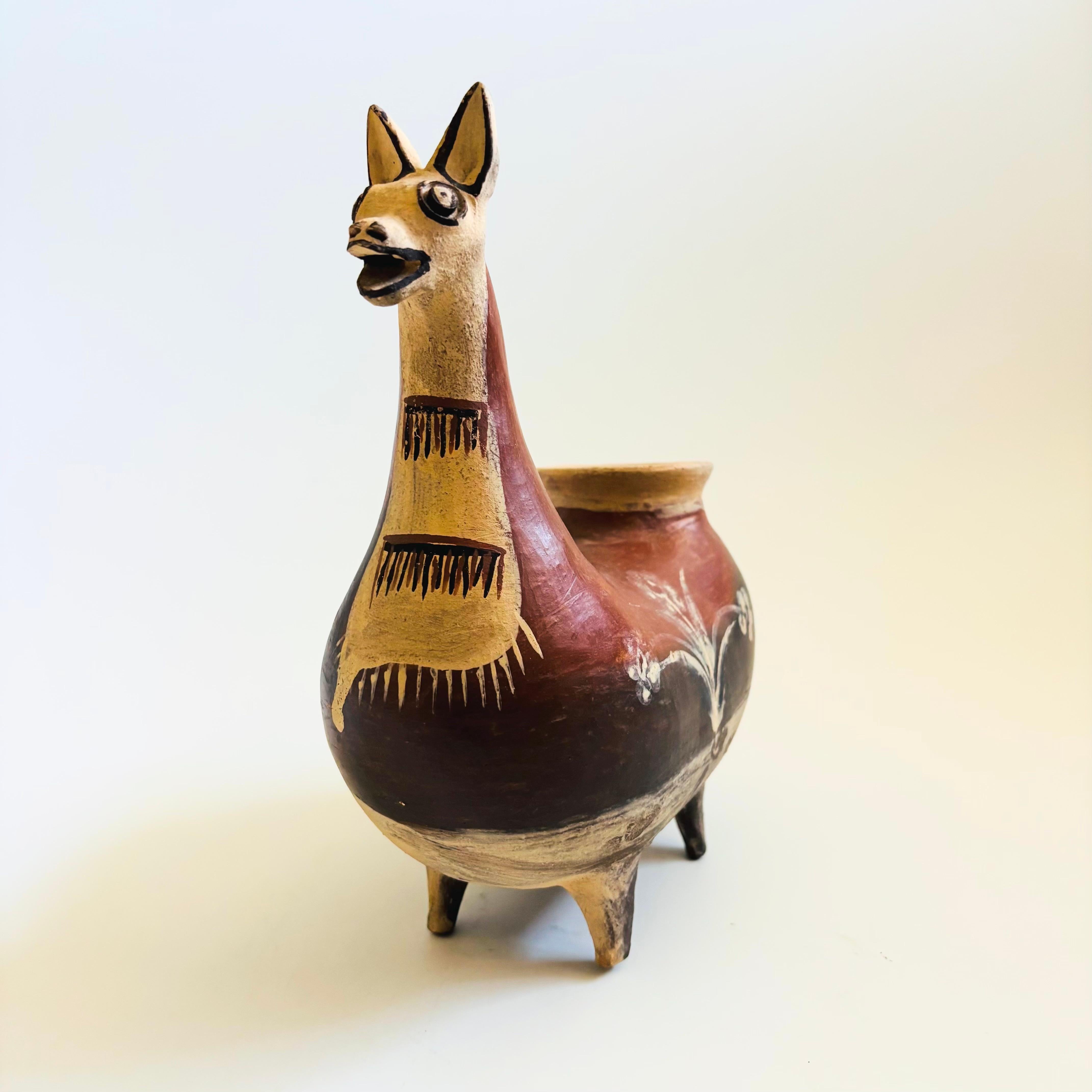 Peruvian Pottery Llama Folk Art Vase For Sale 1