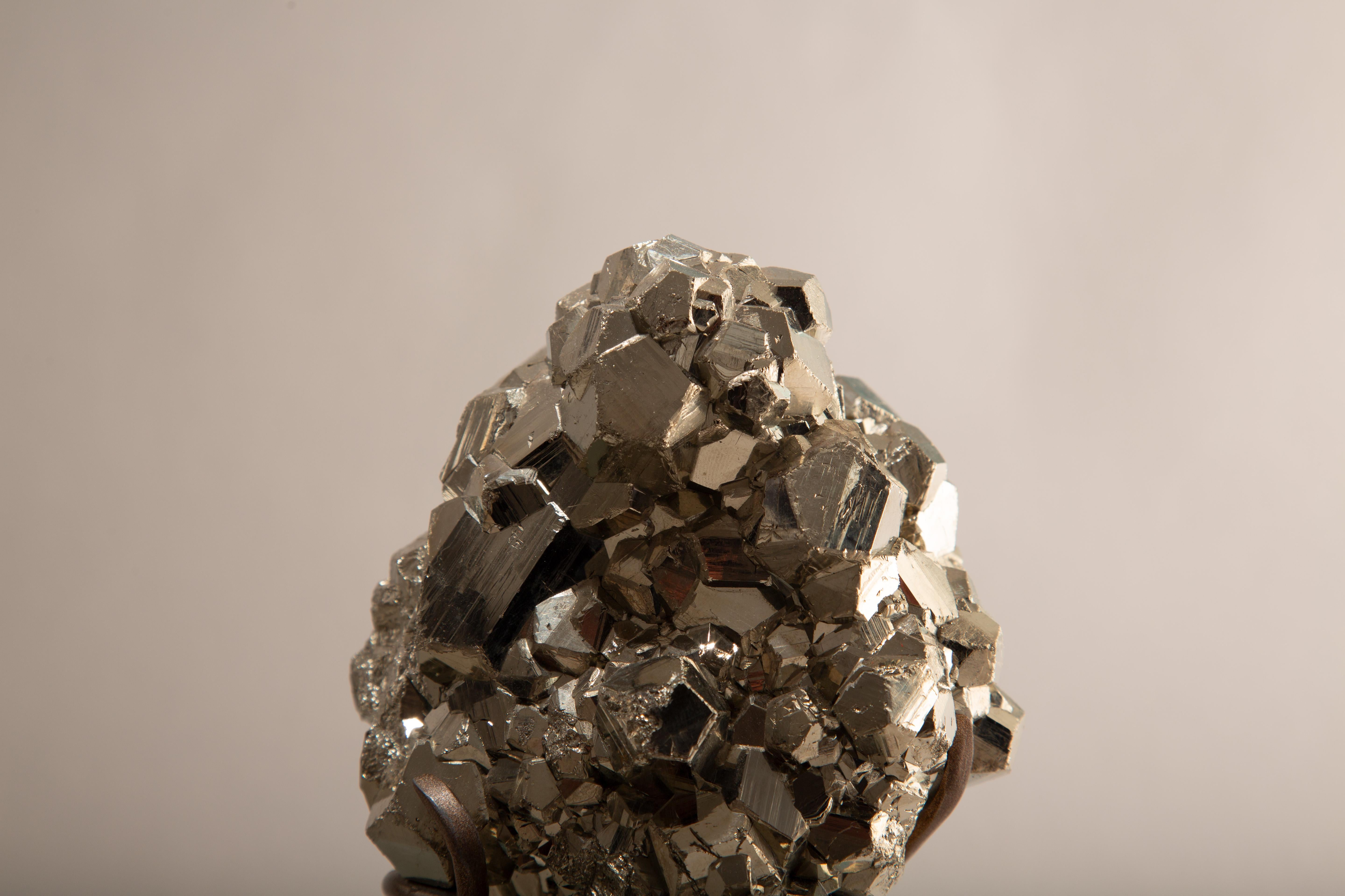 Contemporary Peruvian Pyrite Specimen with Cubic Crystals, Mounted Display For Sale