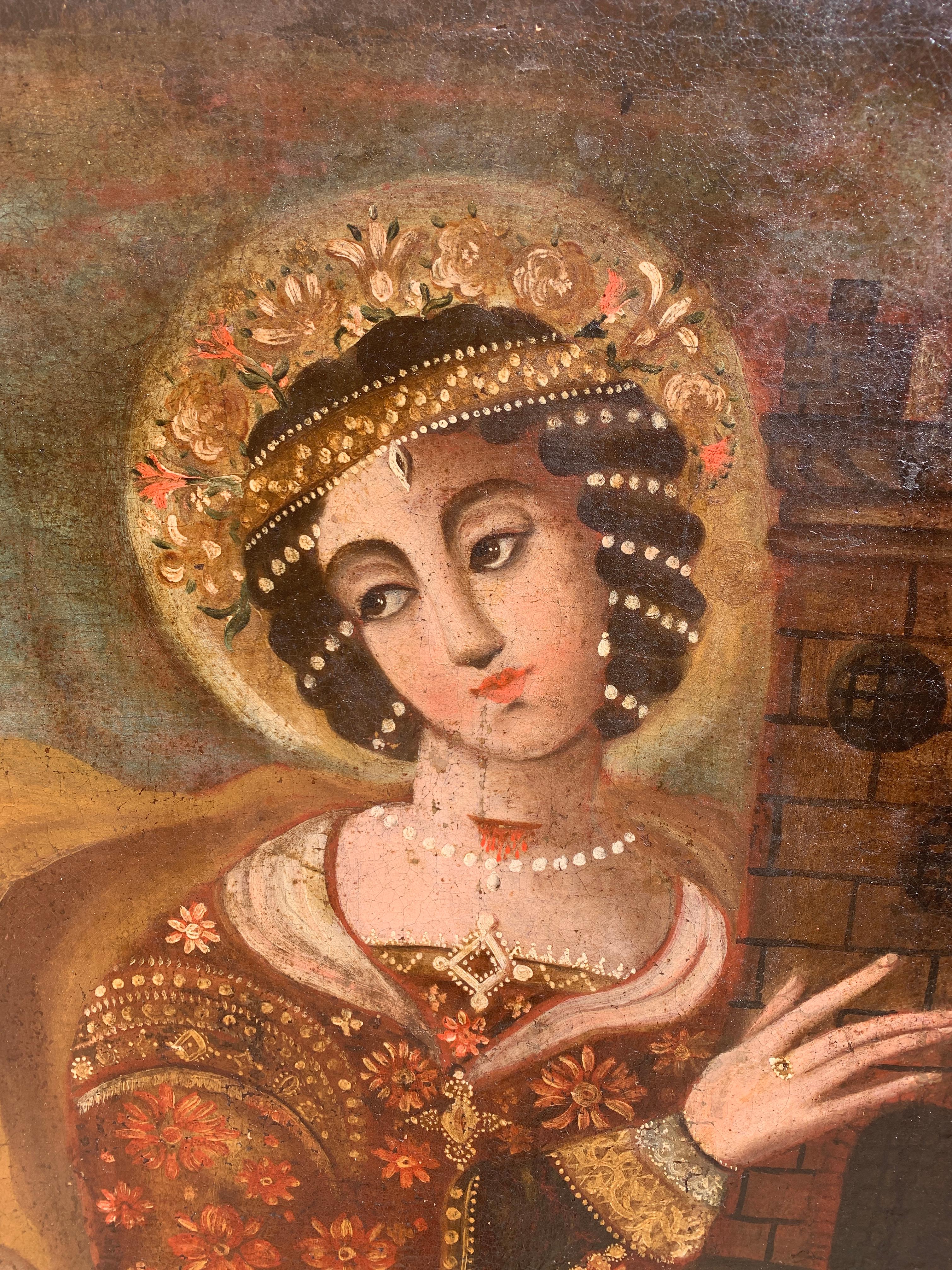 Großes spanisches Kolonial-Ölgemälde der Heiligen Barbara aus dem 18. Jahrhundert Öl auf Leinwand Wahrscheinlich Cuzco-Schule (Peru) zeigt die Heilige Barbara:: die einen Turm einer Burg mit drei Fenstern hält (hier gezeigt) Ca. Abmessungen: 45 Zoll