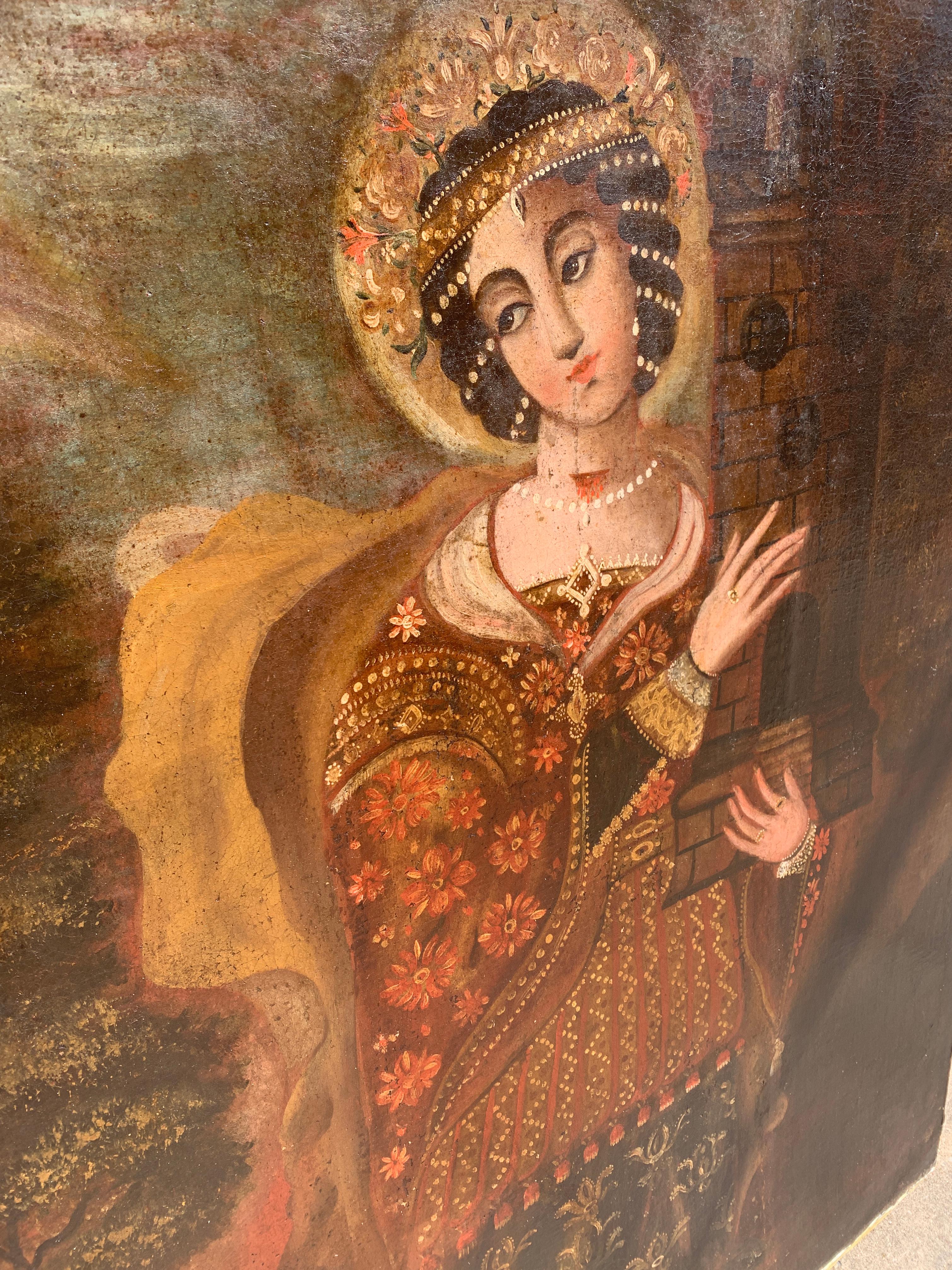 Großes Ölgemälde der Heiligen Barbara aus der spanischen Kolonialzeit (Cuzco) aus dem 18. Jahrhundert 3
