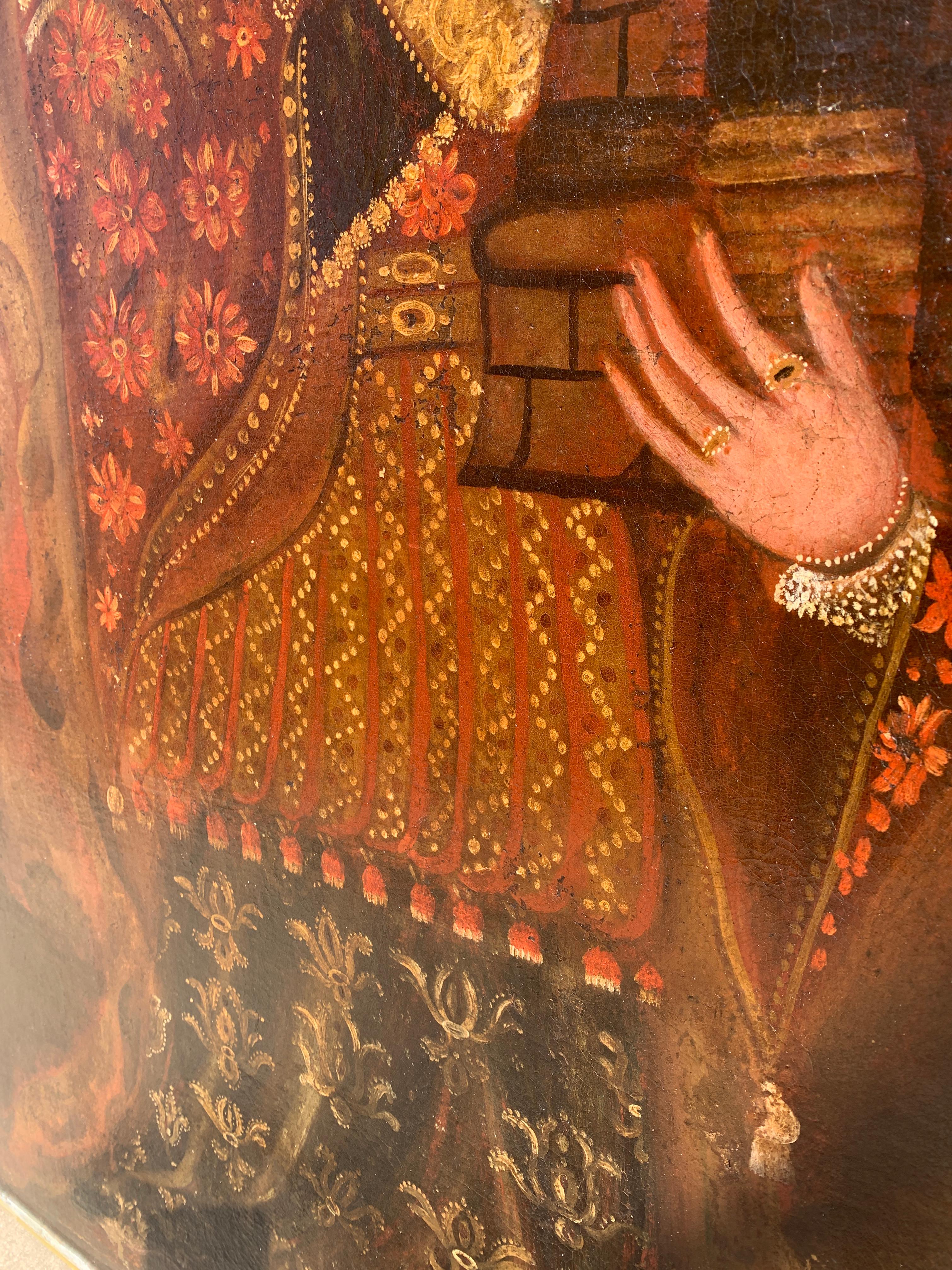 Großes Ölgemälde der Heiligen Barbara aus der spanischen Kolonialzeit (Cuzco) aus dem 18. Jahrhundert 4