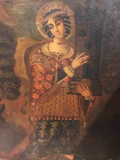Large 18th Century Spanish Colonial (Cuzco) Oil Painting of Saint Barbara