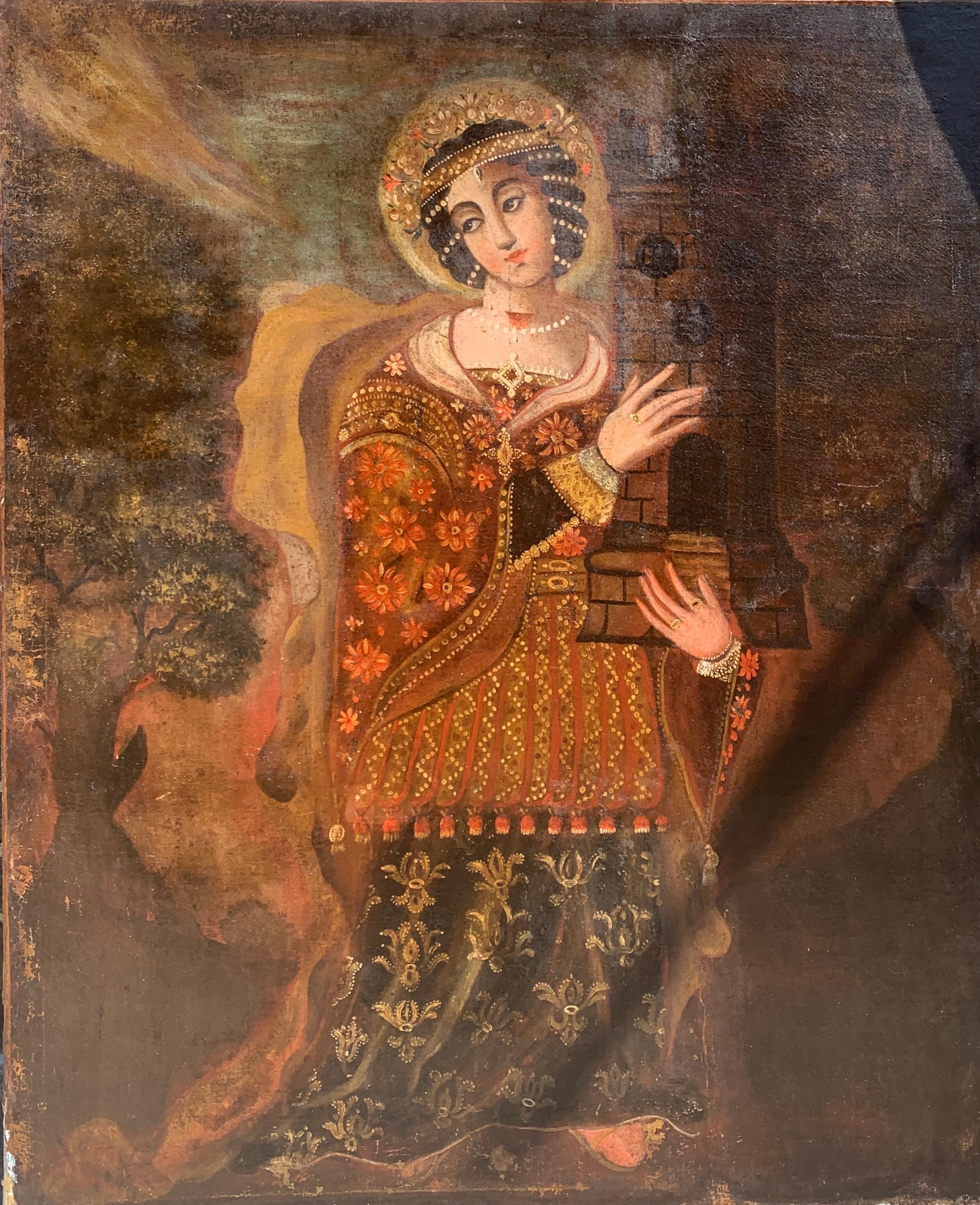 Unknown Portrait Painting - Large 18th Century Spanish Colonial (Cuzco) Oil Painting of Saint Barbara